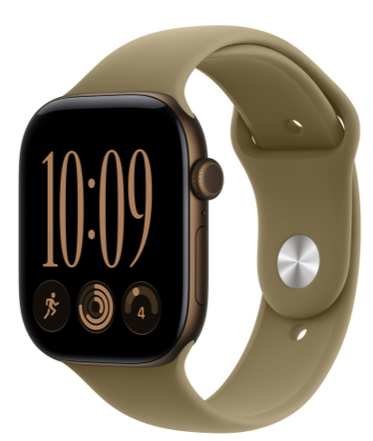 Złoty smartwatch z oliwkowozielonym silikonowym paskiem i czarnym ekranem pokazującym godzinę 10:09.