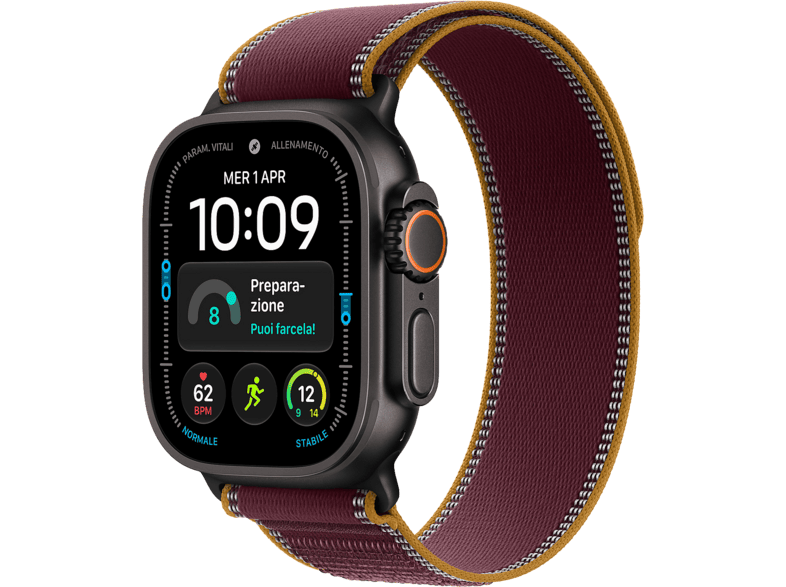 APPLE Watch Ultra 4 GPS + Cellular, cassa in Titanio Nero da (49 mm) con Trail Loop color borgogna - S/M