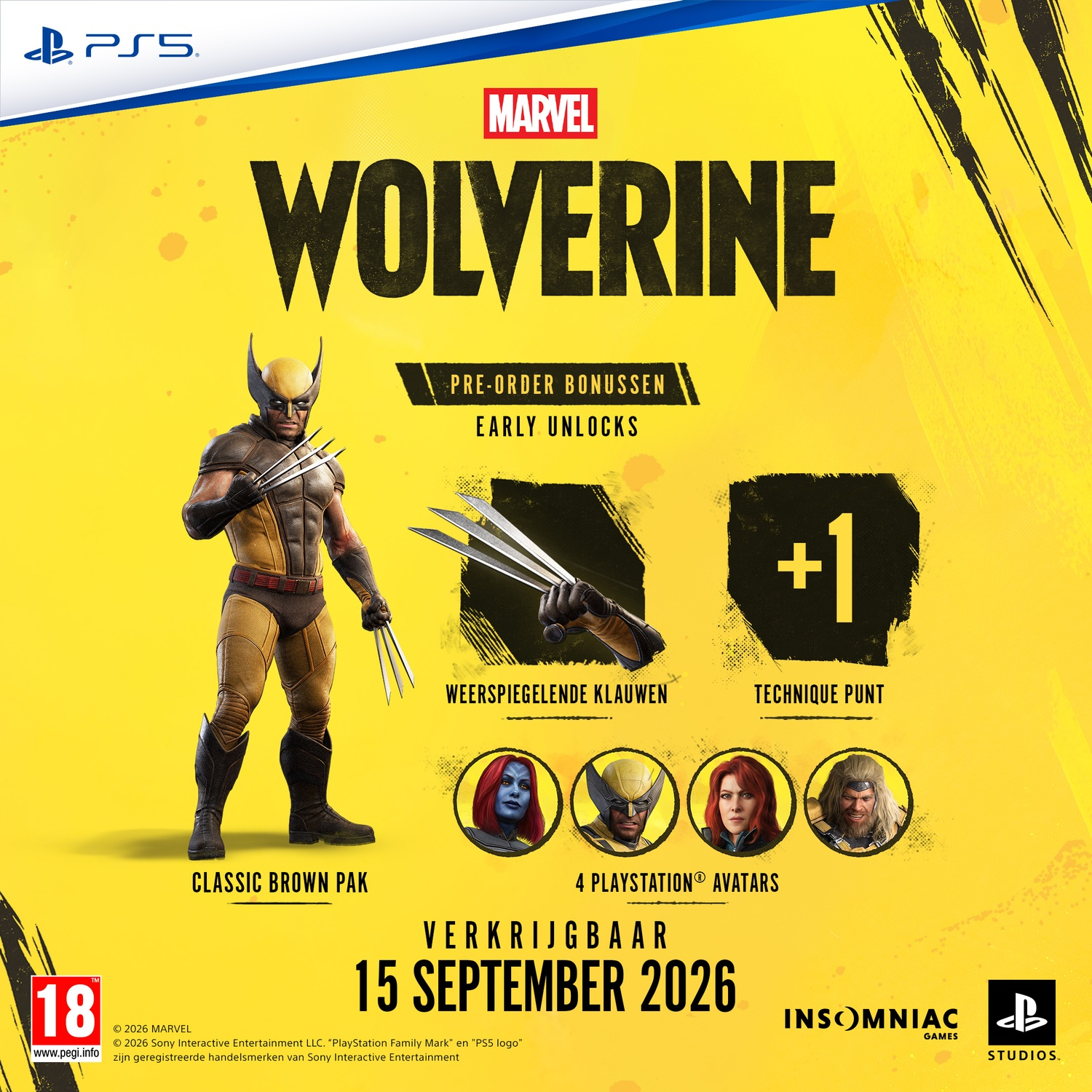 Promotieposter voor Marvel's Wolverine op PS5, met pre-orderbonussen en releasedatum 15 september 2026.