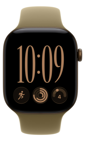 Oliwkowy smartwatch z ciemnym wyświetlaczem pokazuje 10:09 i trzy ikony aplikacji.