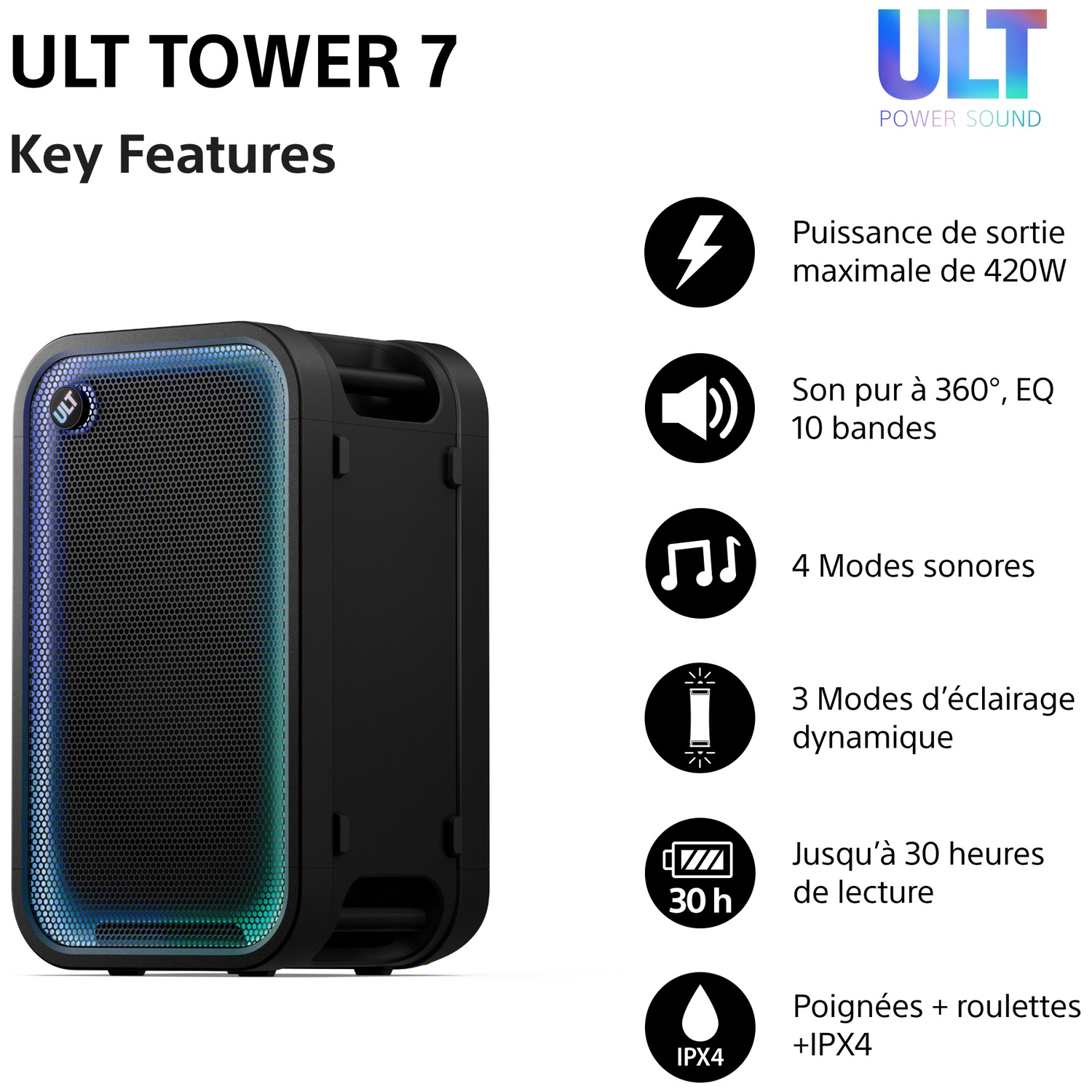 Enceinte ULT Tower 7 : 420W, son 360, 4 modes, 3 modes d'éclairage, 30h d'autonomie, roues, IPX4.