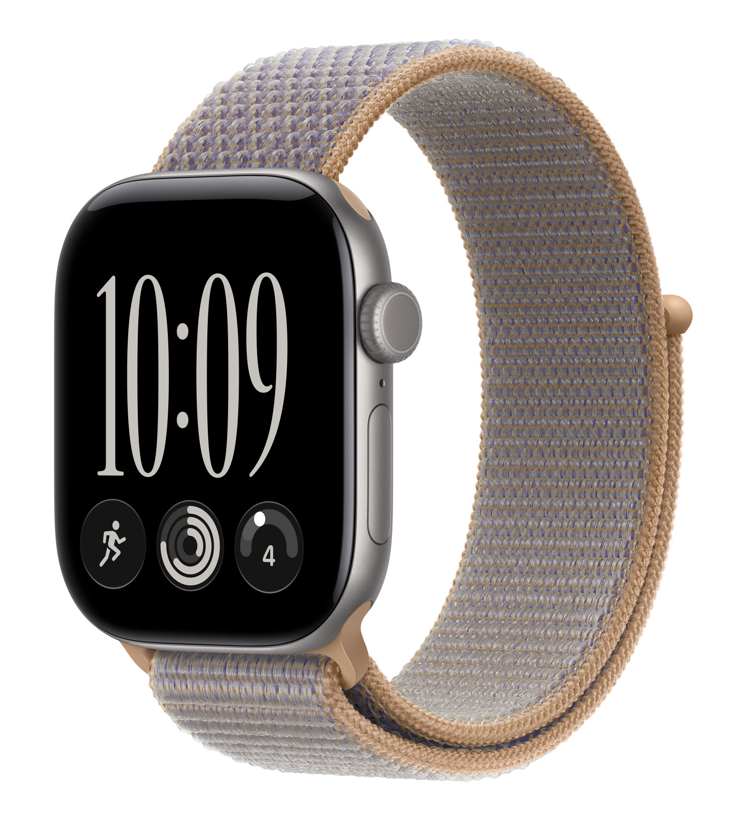 Srebrny smartwatch z cyfrową tarczą i szaro-brązowym paskiem materiałowym.