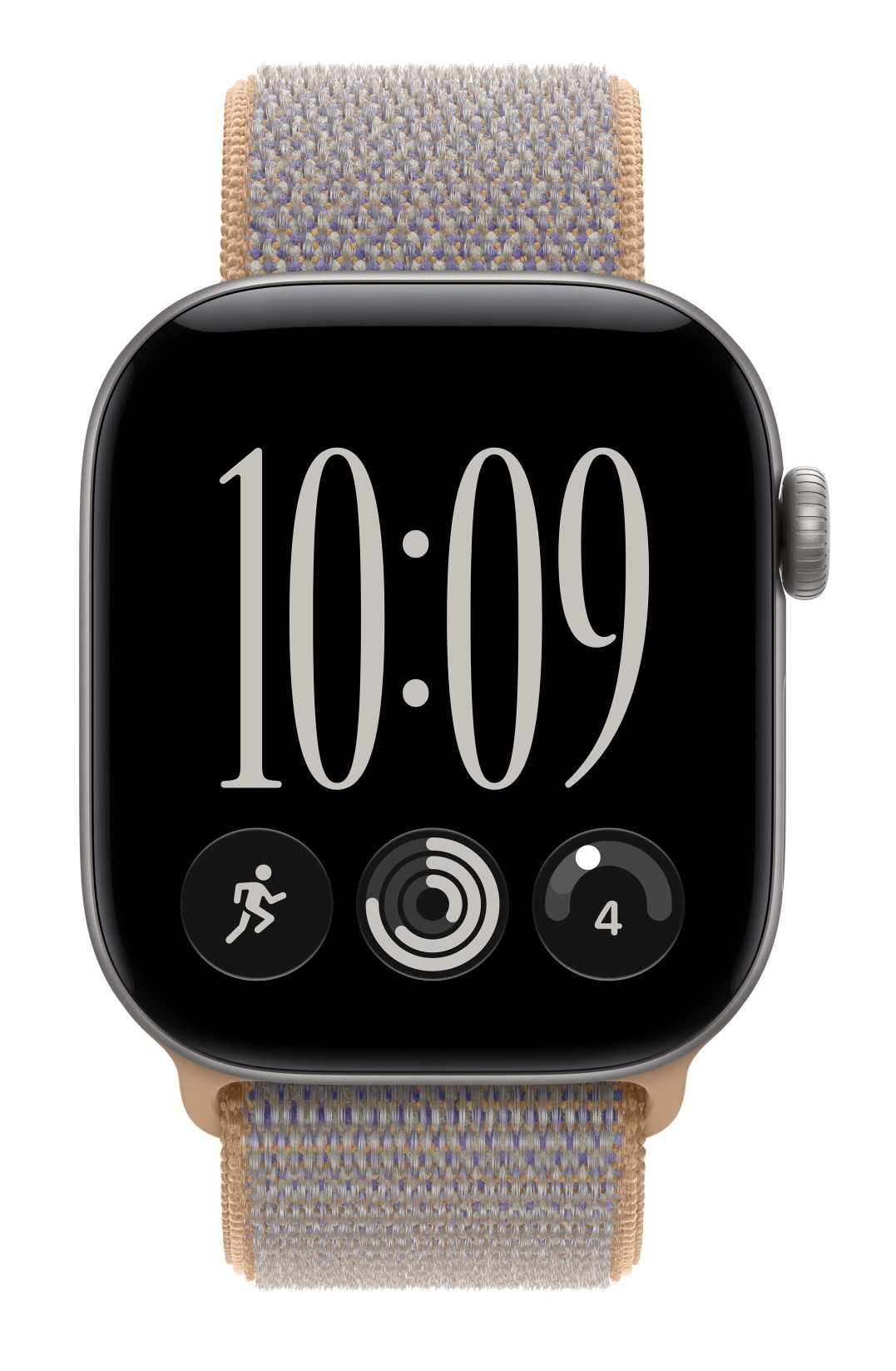 Smartwatch z plecionym paskiem, czarnym wyświetlaczem pokazującym 10:09 i trzy ikony aplikacji.