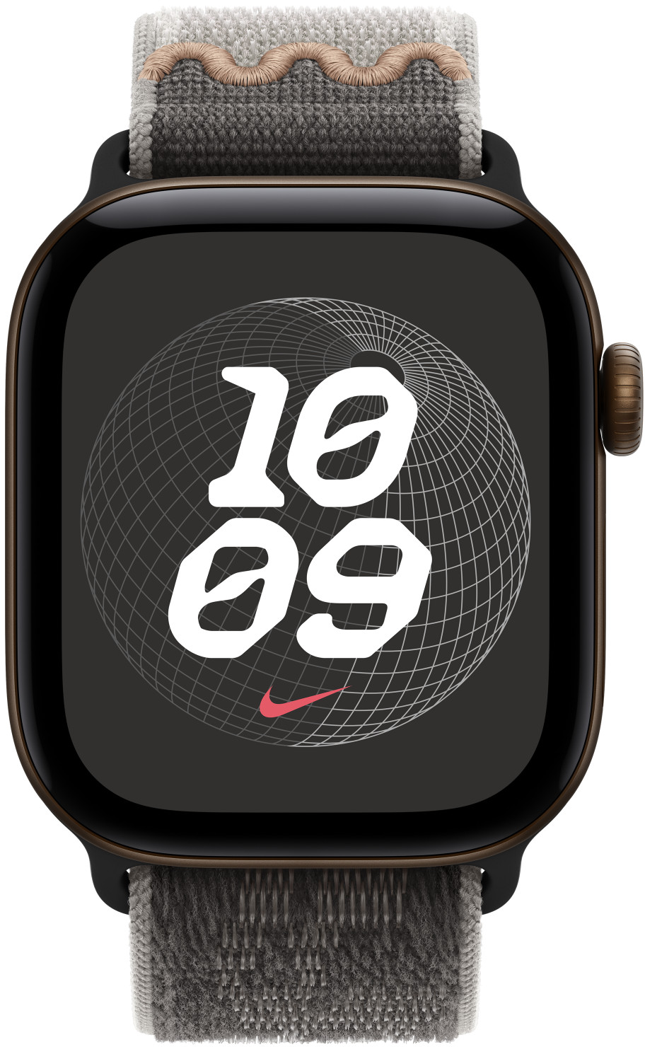 Egy szürke szövegszíjas okosóra 10:09-et mutat egy sötét képernyőn, drótvázas földgömbbel és Nike logóval.