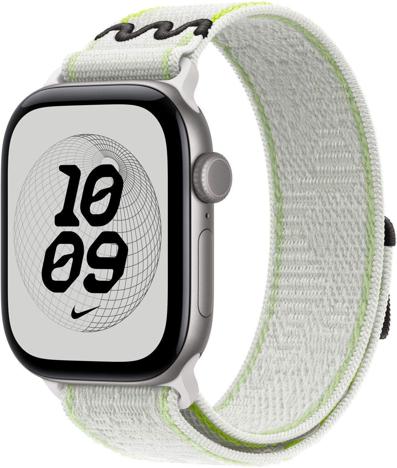 Ezüst Apple Watch fehér és zöld szövött szíjjal, 10:09-et mutat rácsos háttéren.
