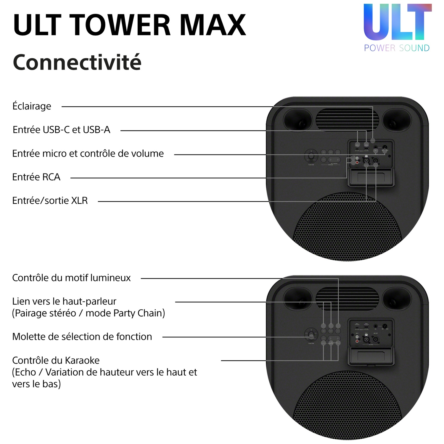 Schéma montrant les options de connectivité de l'enceinte ULT Tower Max avec des étiquettes en français.