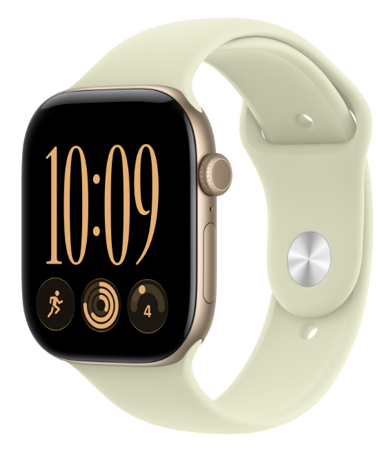 Złoty smartwatch z jasnozielonym silikonowym paskiem pokazujący godzinę 10:09 i ikony fitness.