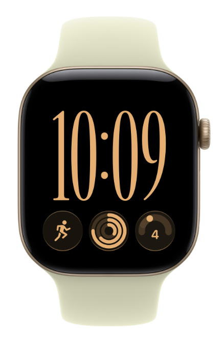 Złoty smartwatch z jasnozielonym paskiem, cyfrową tarczą i trzema małymi ikonami.