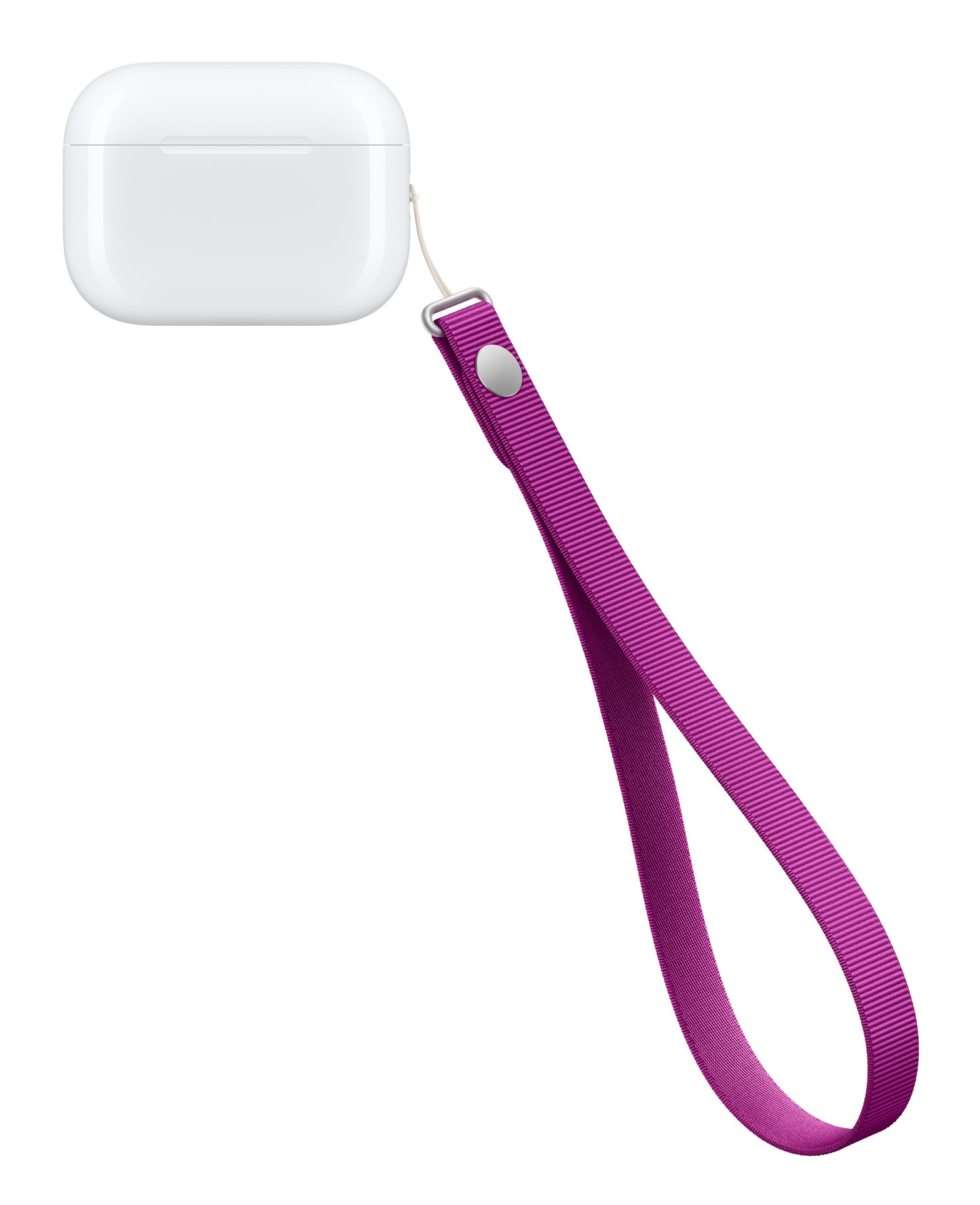 Białe etui ładujące AirPods przymocowane do długiego, plecionego paska na rękę w kolorze magenty na białym tle.