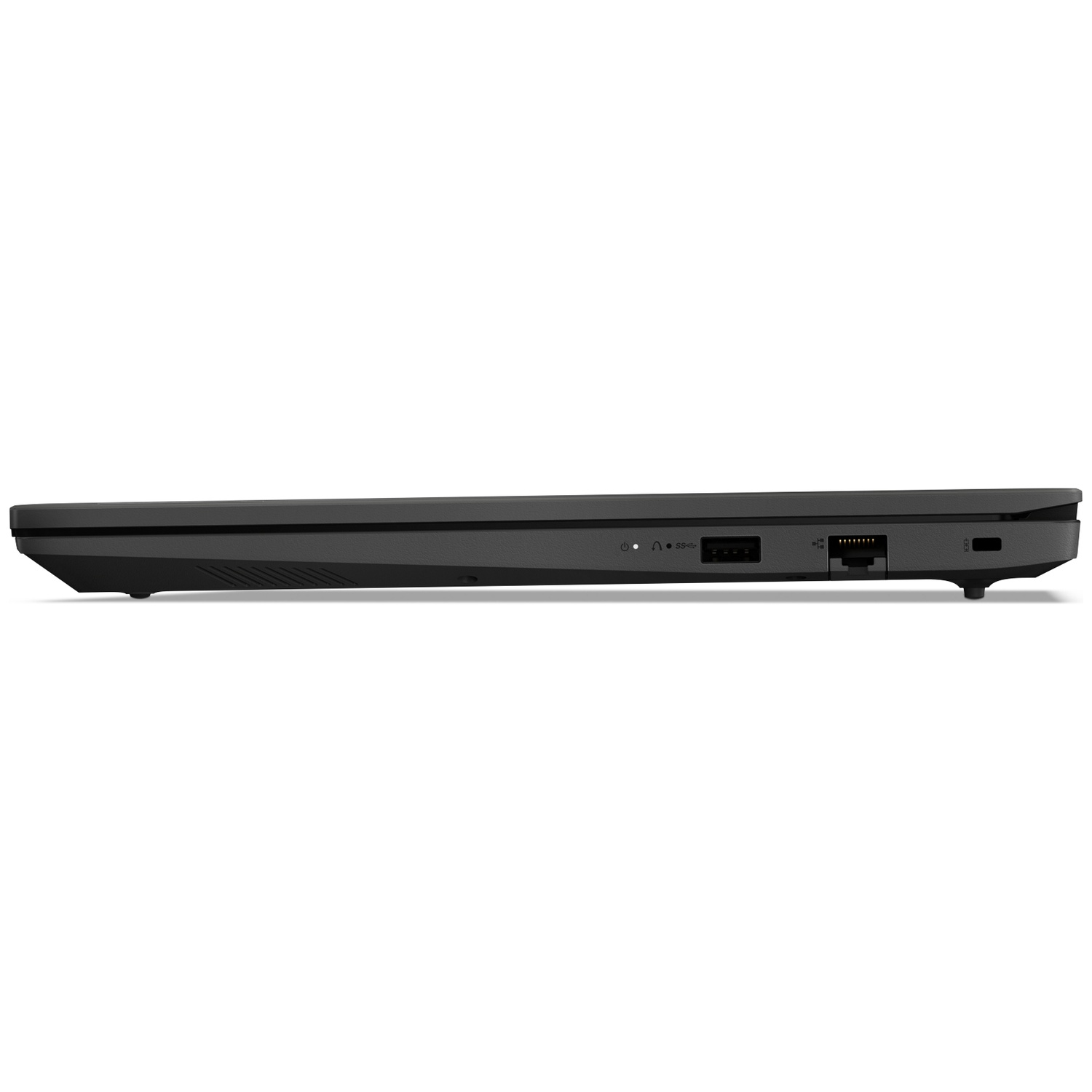 Zijaanzicht van een zwarte laptop met USB-, Ethernet- en audiopoorten.