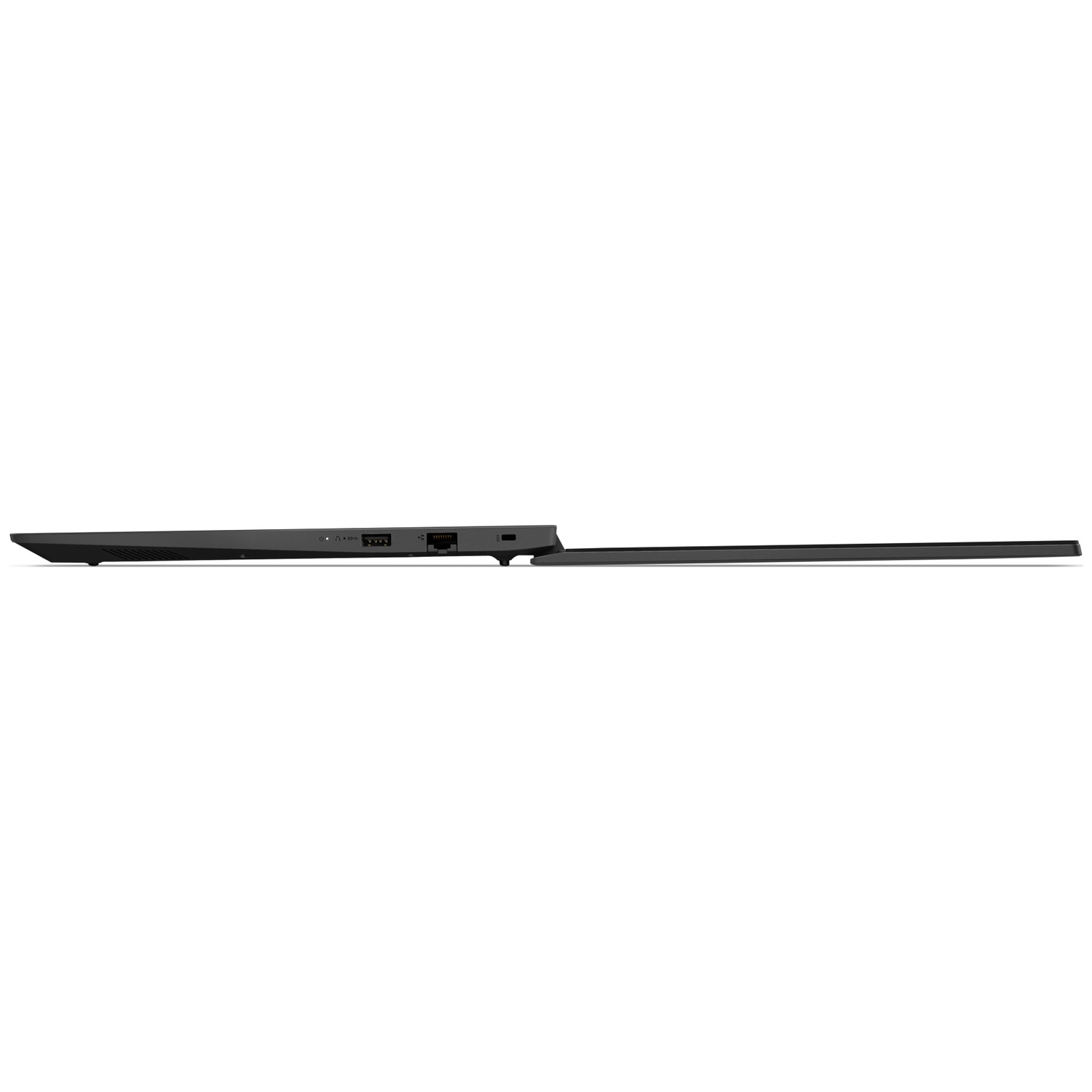 Linkerkant van een slanke zwarte laptop op een witte achtergrond, met USB- en Ethernet-poorten.