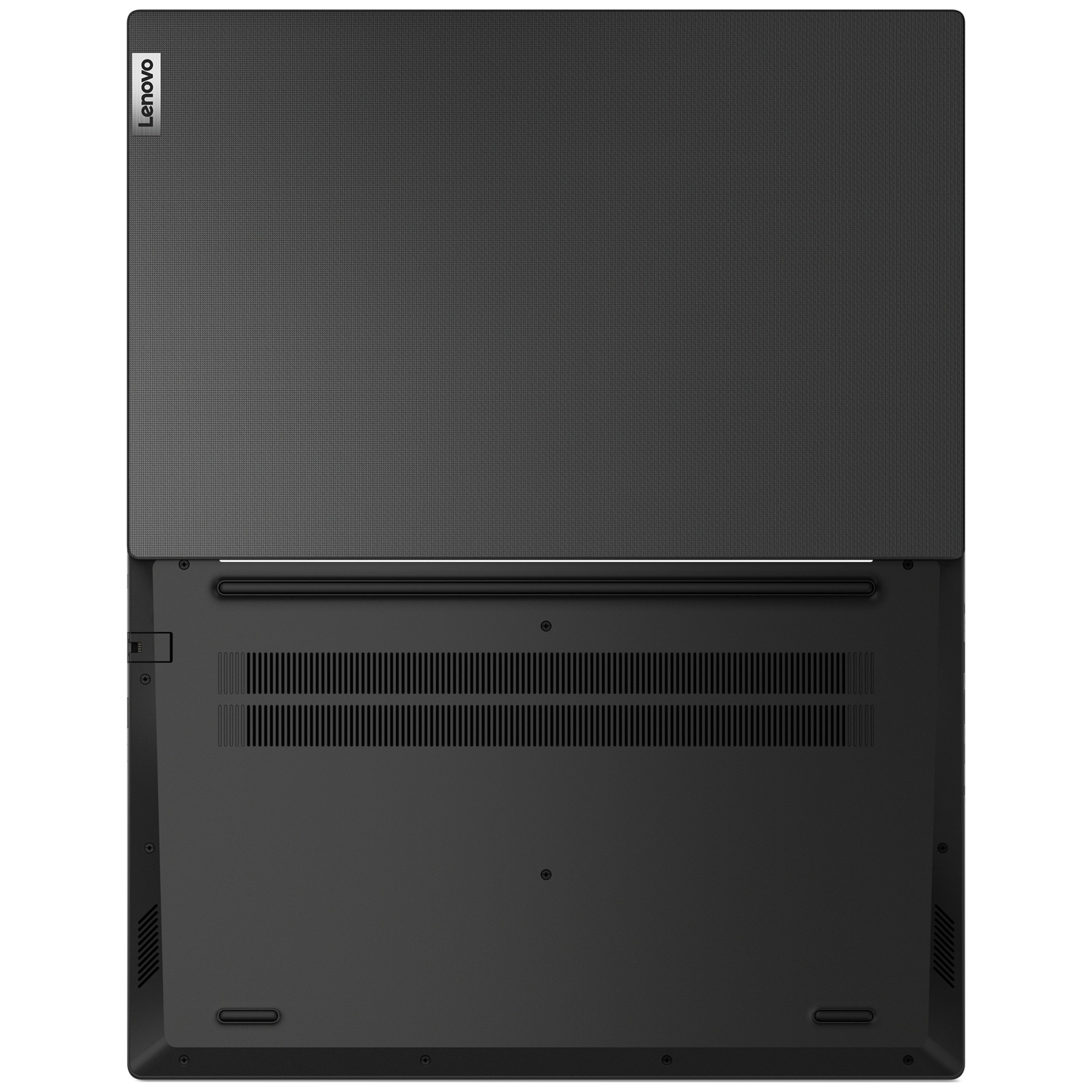 Onderaanzicht van een grijze Lenovo-laptop met ventilatiegleuven.
