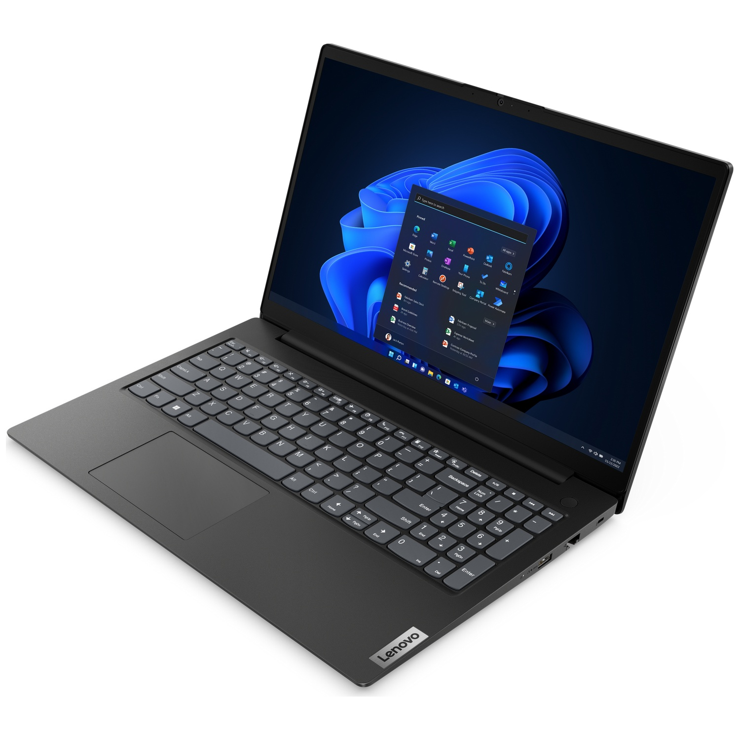Een zwarte Lenovo-laptop met een open scherm waarop het Windows 11-startmenu te zien is op een witte achtergrond.
