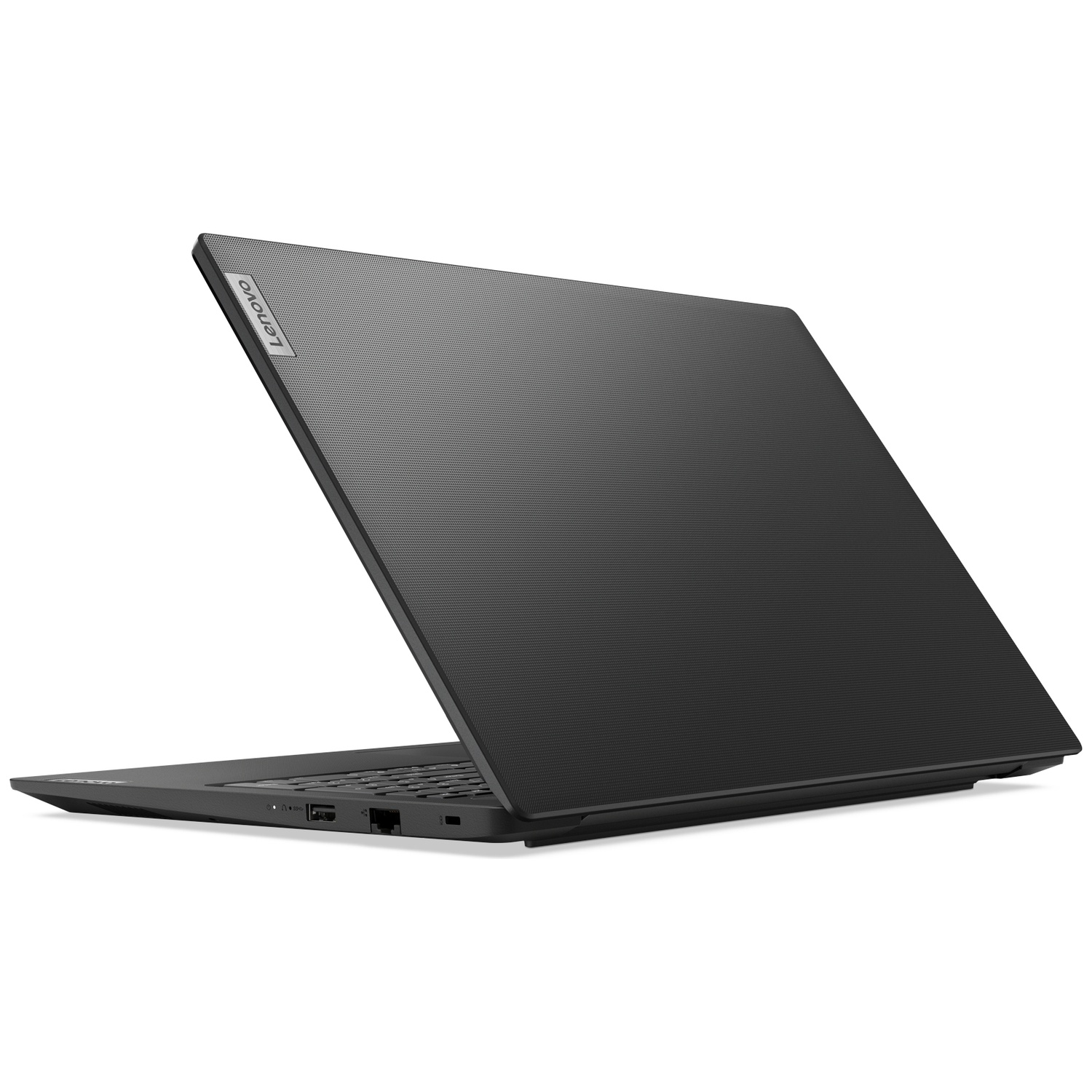 Een zwarte Lenovo-laptop van rechtsachter gezien tegen een witte achtergrond.