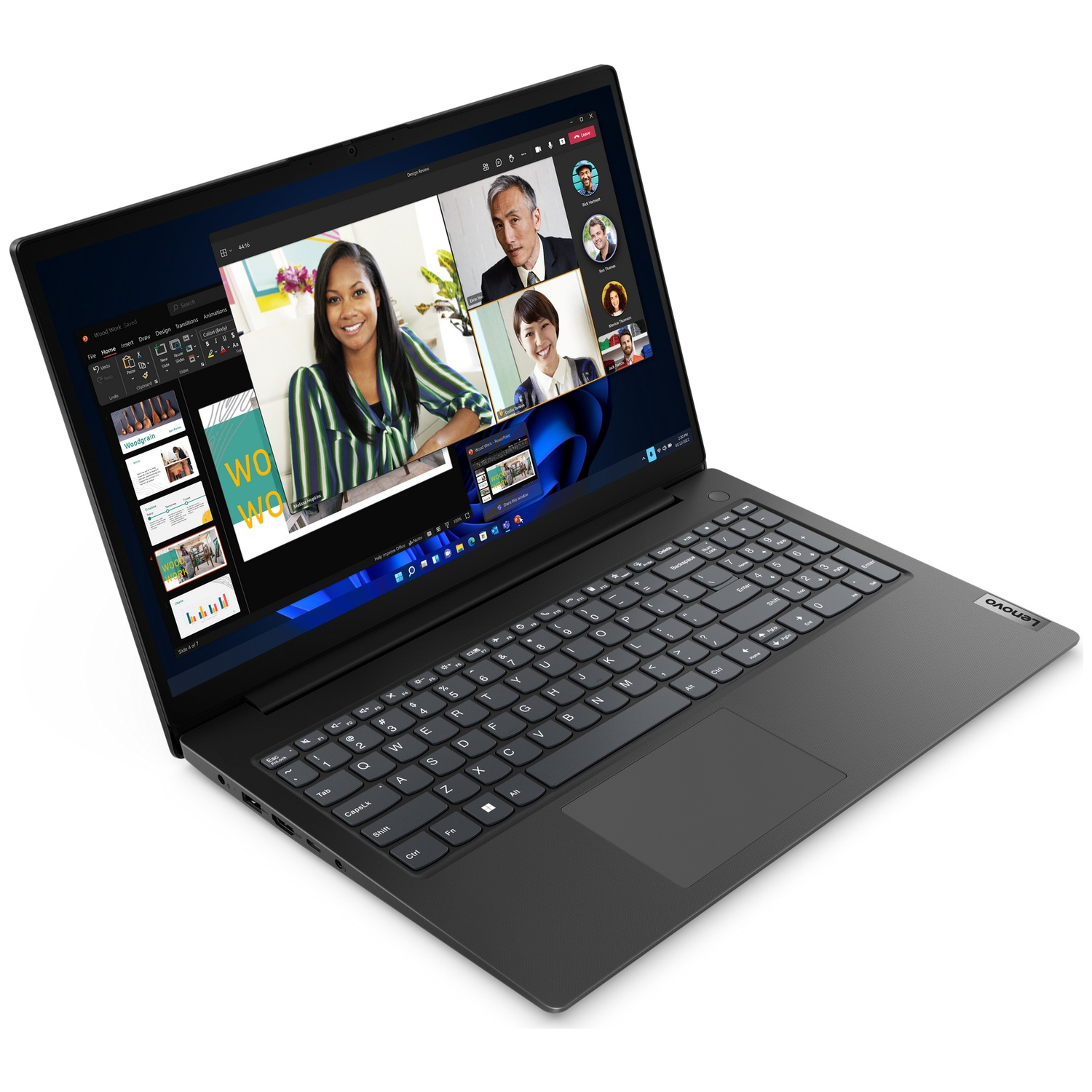 Een open zwarte Lenovo-laptop toont een videogesprek en een presentatie op het scherm.