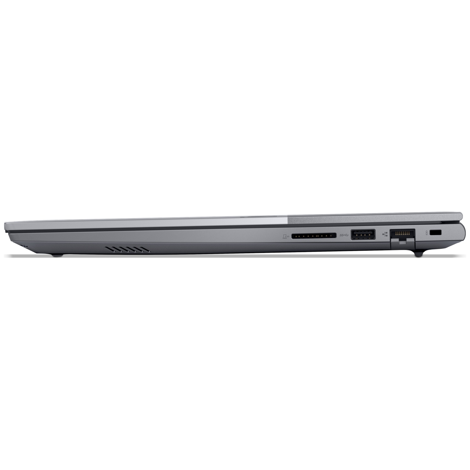 Zijaanzicht van een grijze laptop met poorten zoals USB, Ethernet en een SD-kaartlezer op een witte achtergrond.