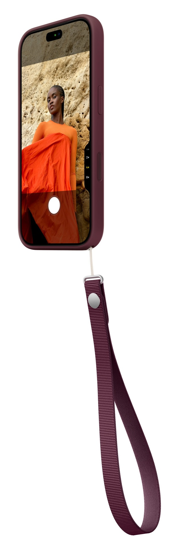 Ciemnoczerwony smartfon w etui ochronnym z pasującym paskiem na nadgarstek wyświetla zdjęcie.