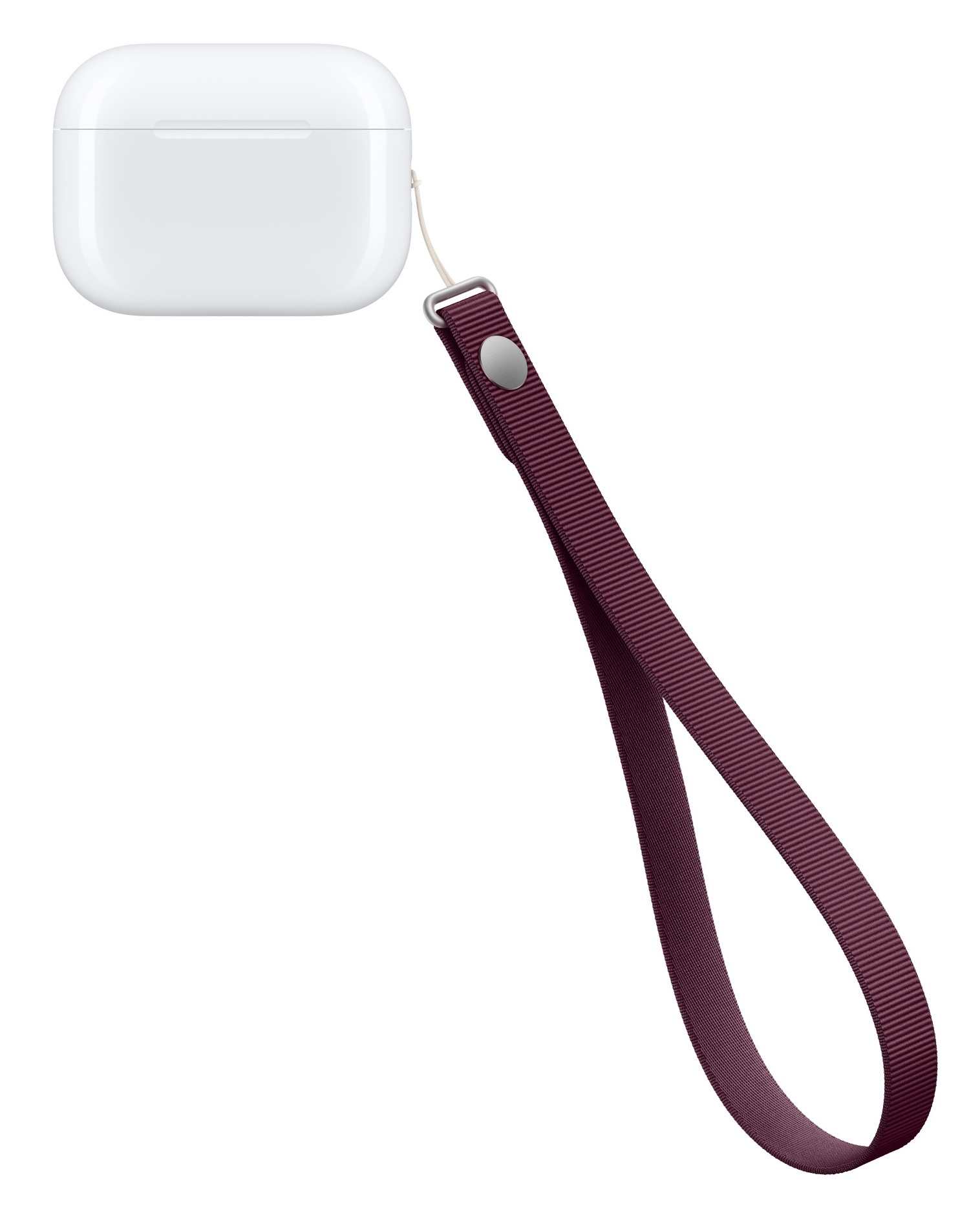 Białe etui ładujące do AirPods z długą, ciemnoczerwoną nylonową smyczą na białym tle.