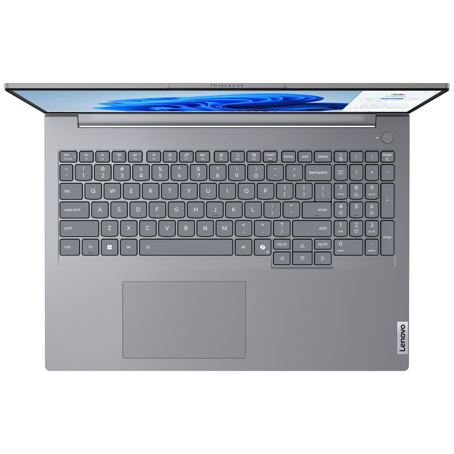 Bovenaanzicht van een grijze Lenovo ThinkBook-laptop met toetsenbord, touchpad en geopend scherm.
