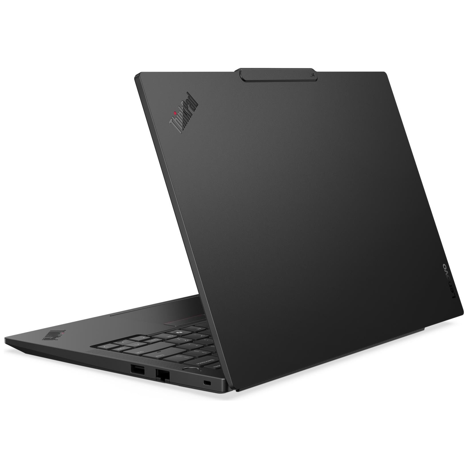 Zwarte ThinkPad-laptop op een witte achtergrond, gesloten scherm met logo.