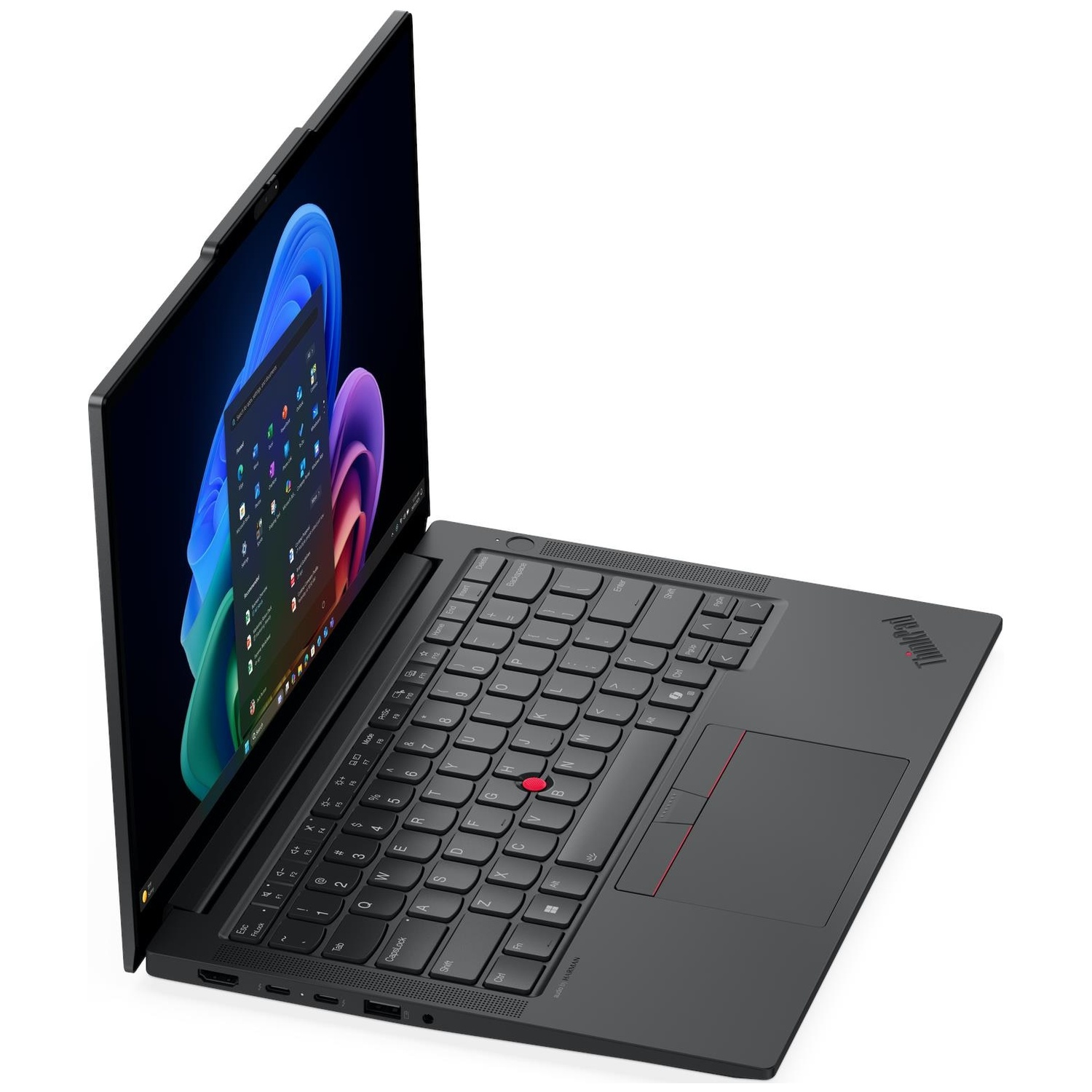 Een open zwarte ThinkPad-laptop met Windows 11-bureaublad en rode TrackPoint op wit.