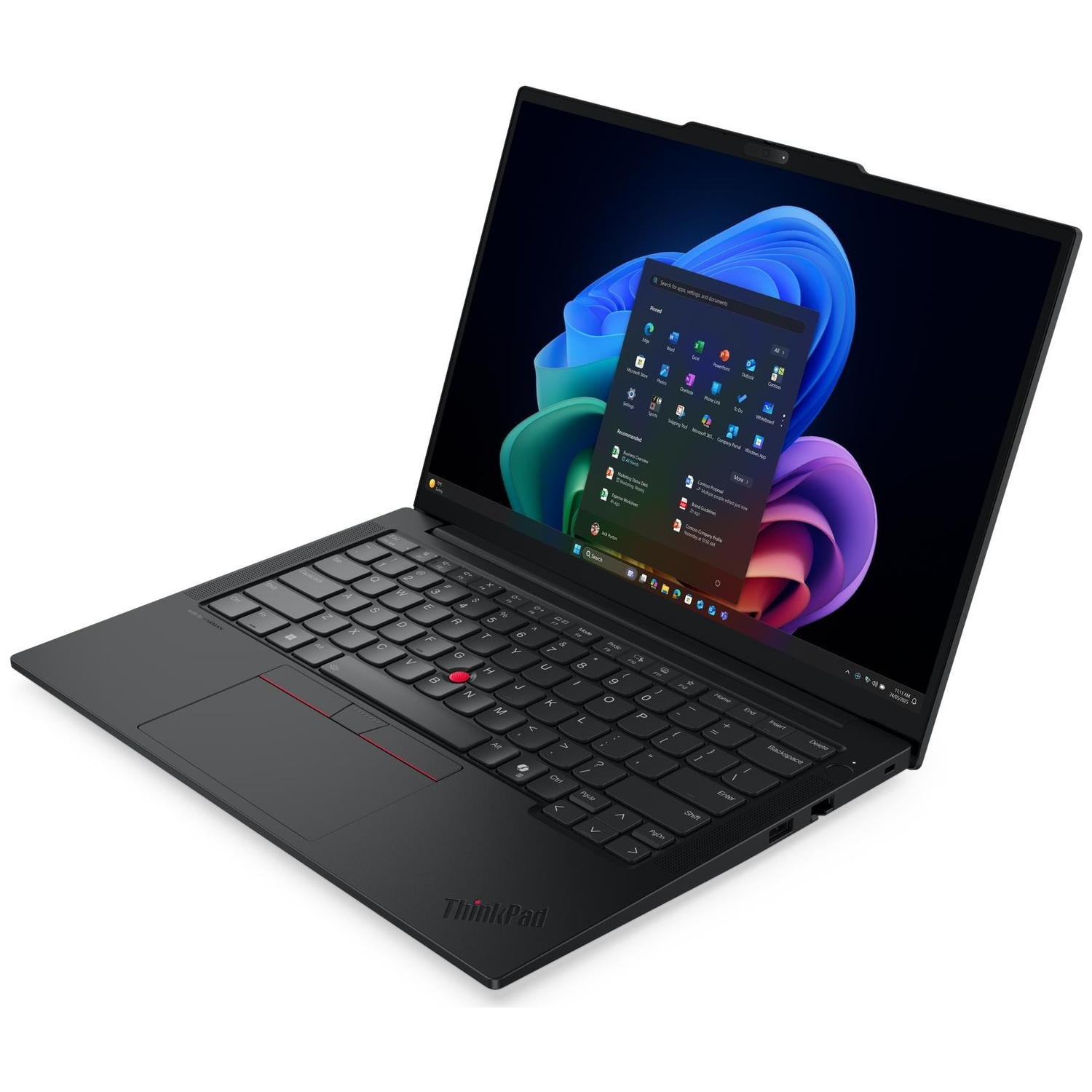 Een zwarte ThinkPad laptop toont Windows 11 met een kleurrijke achtergrond en open startmenu op het scherm.