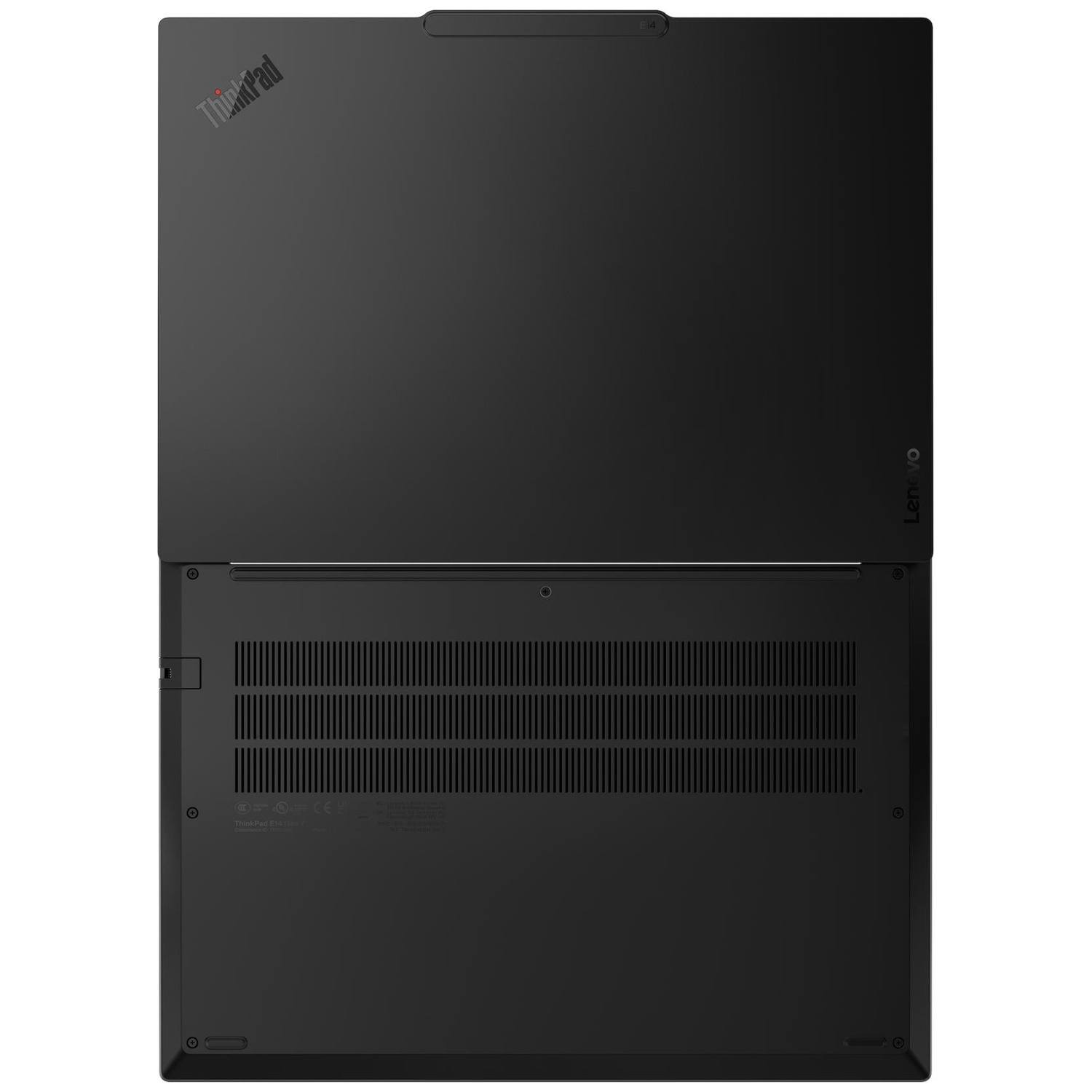 Zwarte ThinkPad-laptop, gesloten, met zicht op de onderkant en ventilatiesleuven.