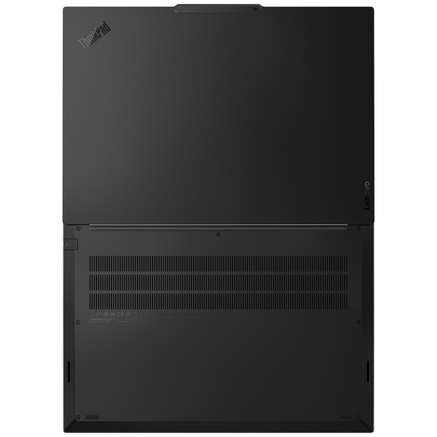 Onderkant van een zwarte Lenovo ThinkPad laptop met ventilatiegleuven en merklogoes.