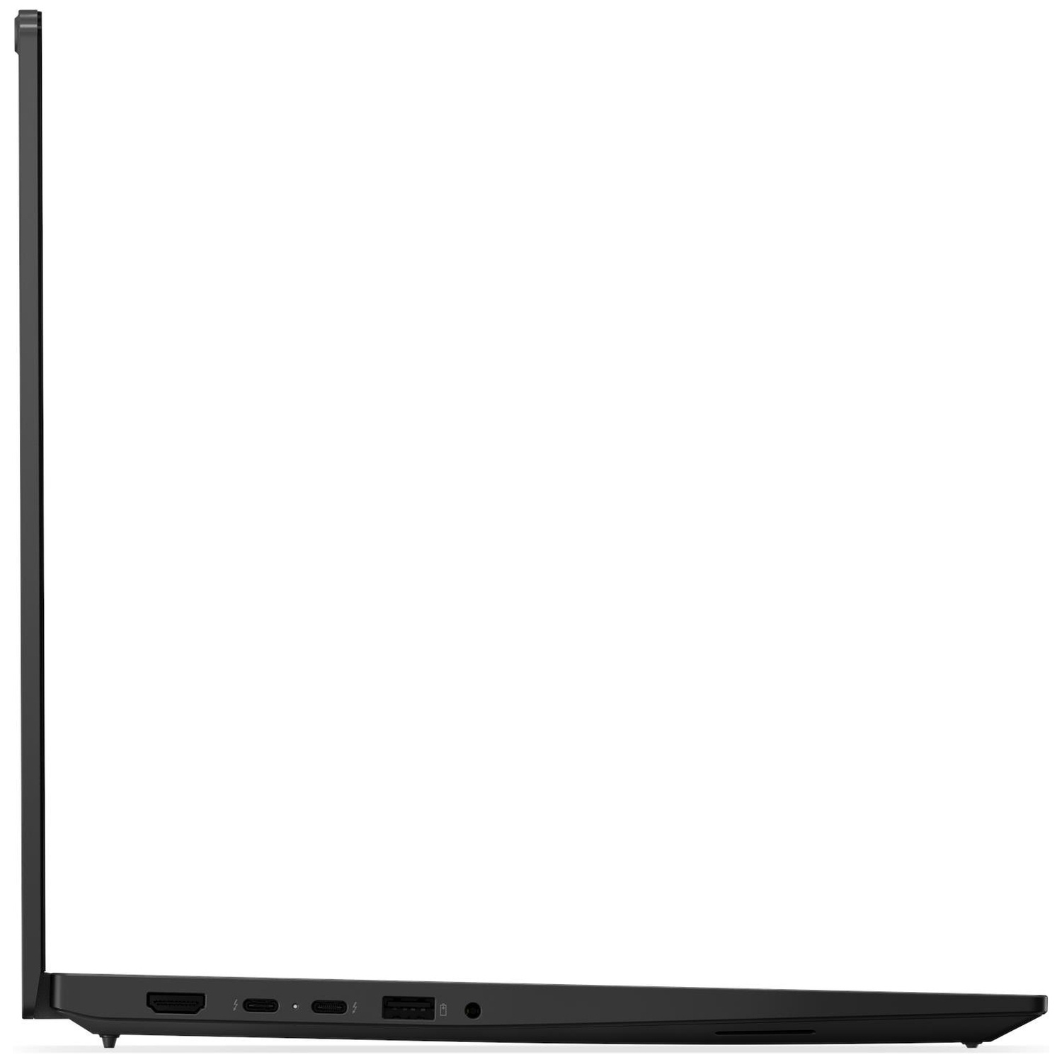 Linkerkant van een gesloten zwarte laptop met verschillende poorten.