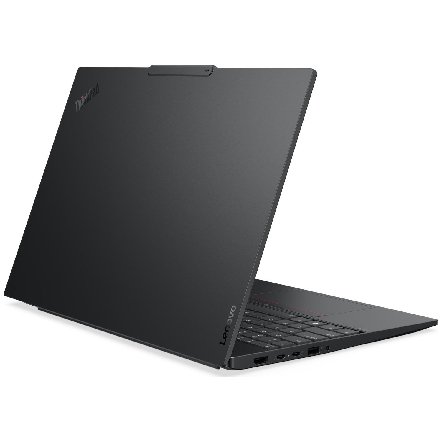 Een zwarte Lenovo ThinkPad laptop is van achteren te zien, met zicht op het toetsenbord, poorten en logo's.