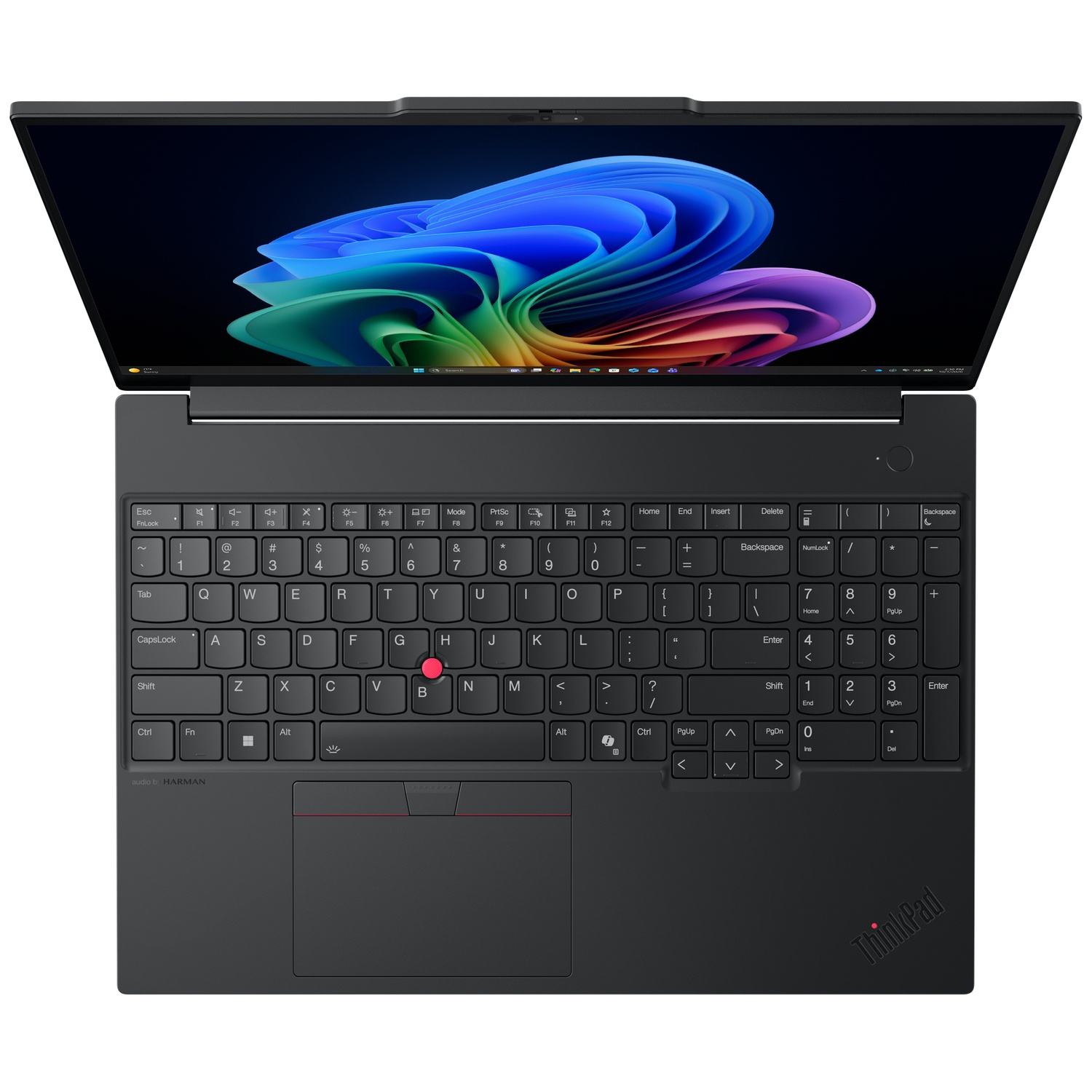 Bovenaanzicht van een zwarte laptop met een kleurrijke abstracte achtergrond op het scherm en een numeriek toetsenbord.