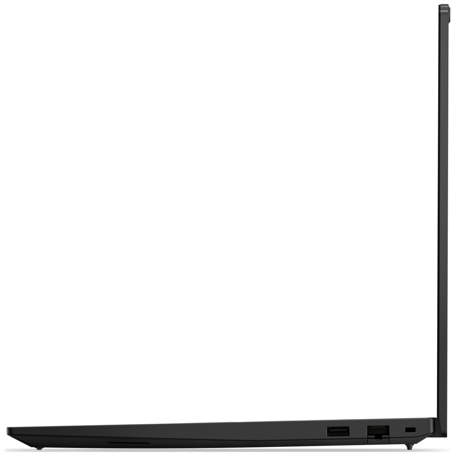 Zijaanzicht van een zwarte laptop op lichte achtergrond met zichtbare poorten.