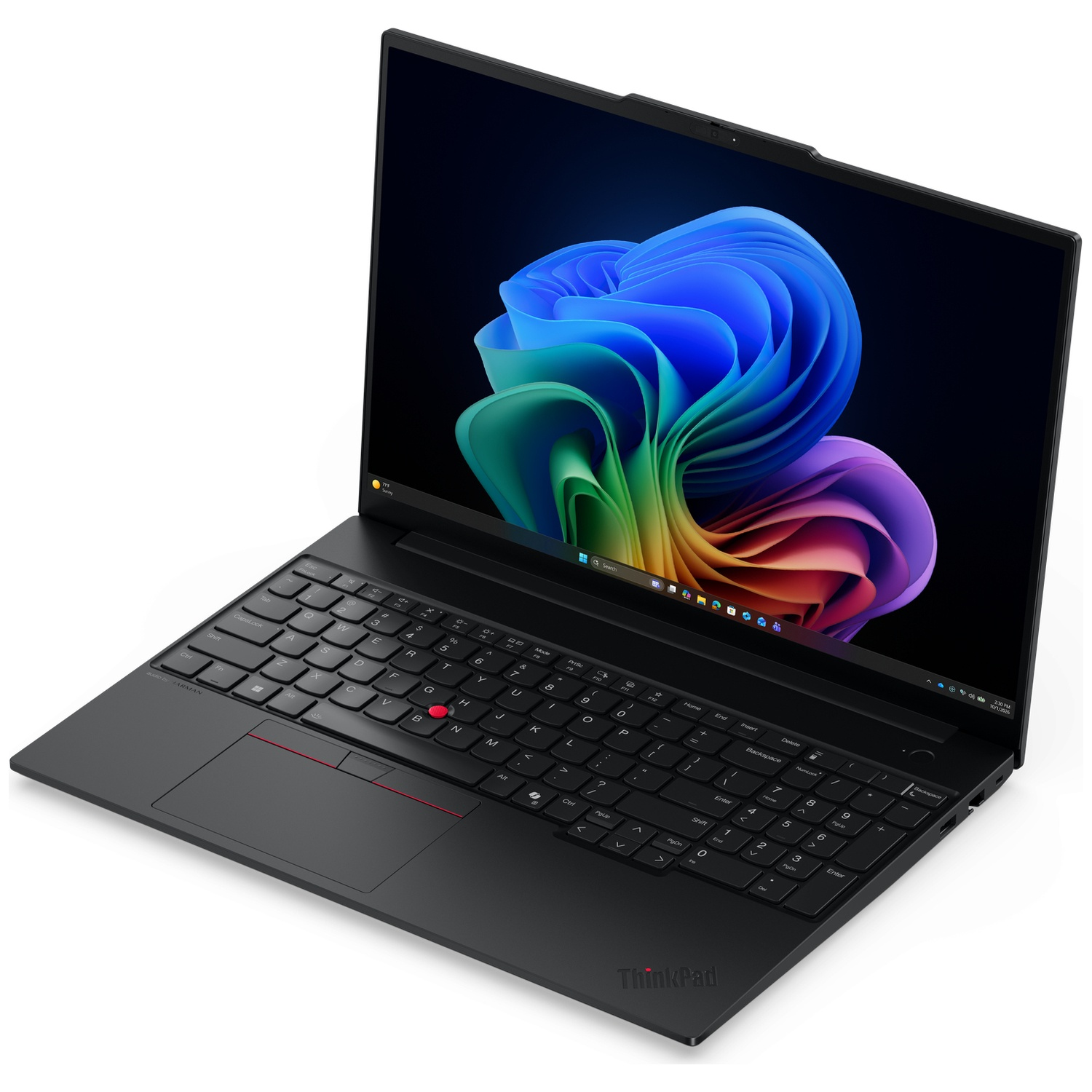 Een zwarte laptop met een levendige abstracte blauwe, groene en paarse achtergrond.