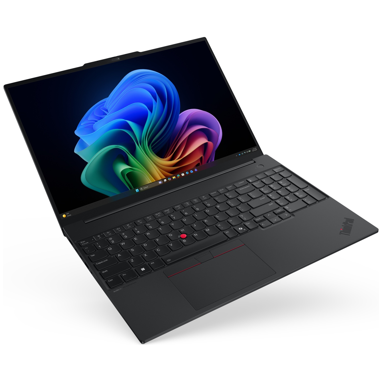 Een open zwarte ThinkPad-laptop toont een kleurrijke, abstracte achtergrond met blauwe, groene en paarse wervelingen.