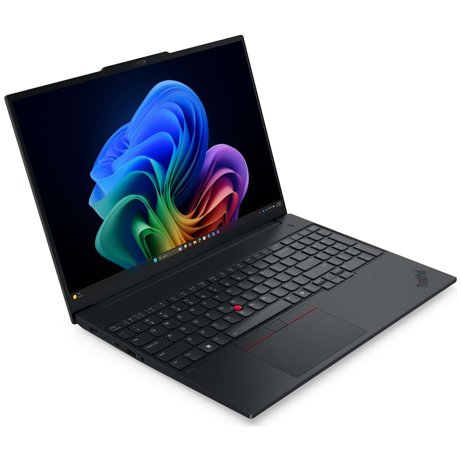 Een zwarte laptop op een witte achtergrond toont een kleurrijke, golvende achtergrond.