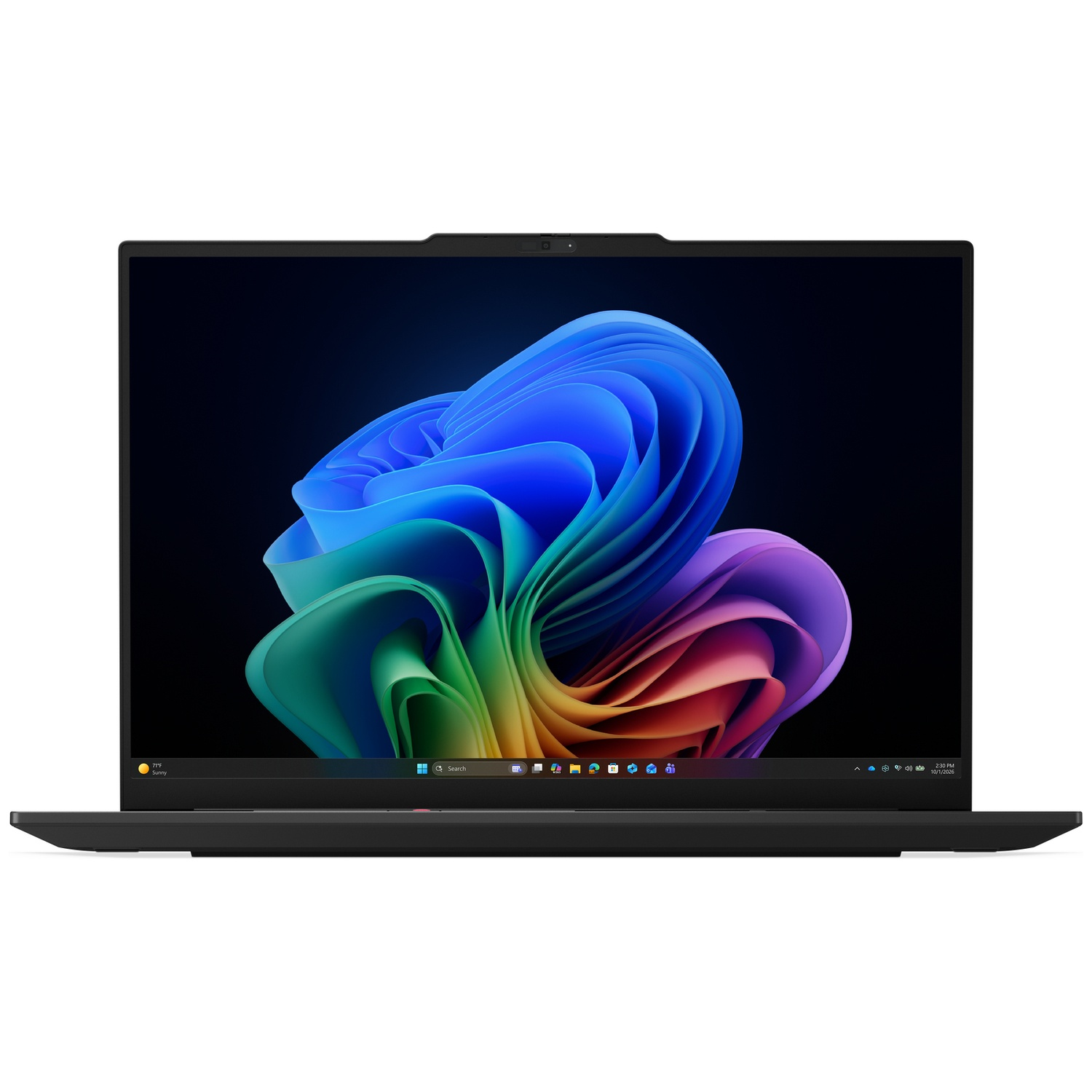 Een zwarte laptop toont een kleurrijke, golvende abstracte achtergrond op het scherm.