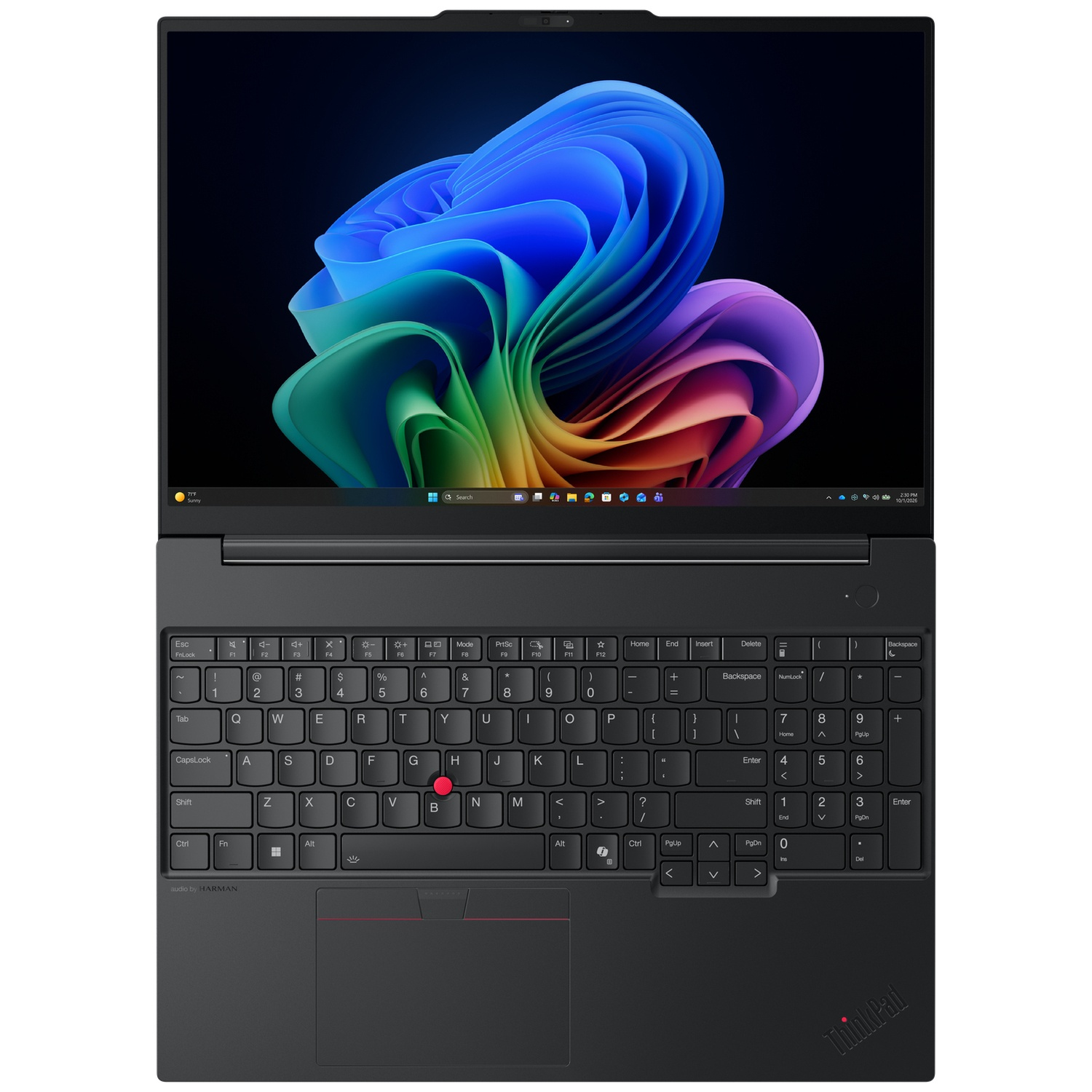 Een zwarte laptop toont een kleurrijke, golvende achtergrond op het scherm en heeft een volledig toetsenbord.
