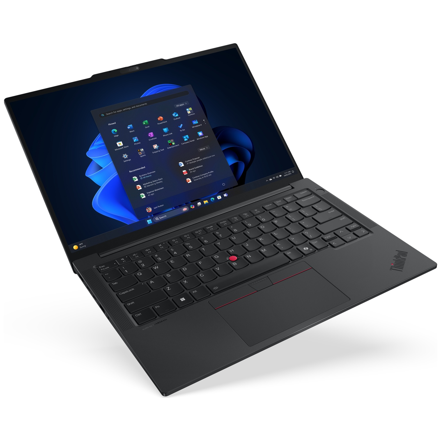 Een zwarte laptop met verlicht scherm toont het Windows 11 startmenu en een ThinkPad-toetsenbord.
