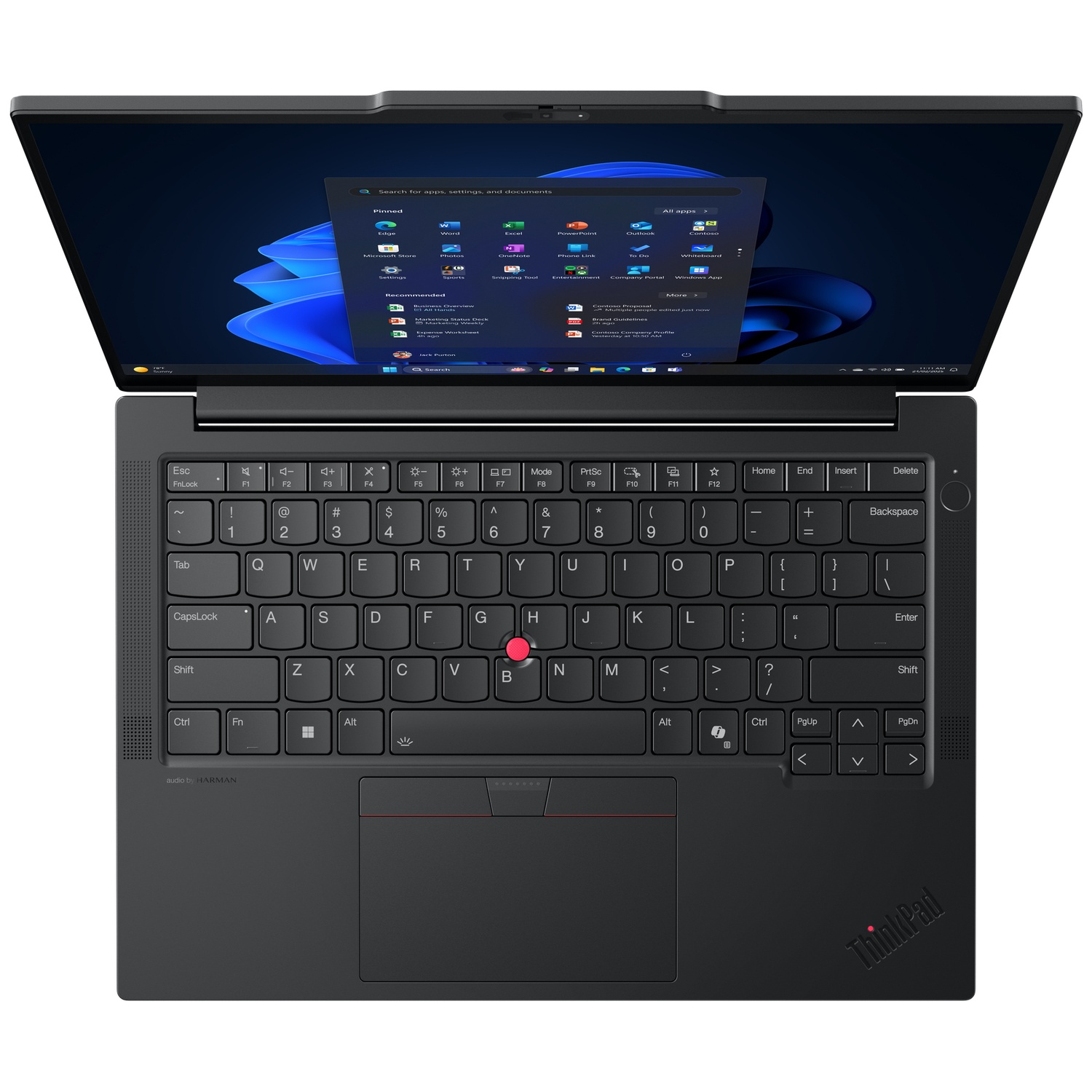 Bovenaanzicht van een zwarte laptop met open scherm, Windows 11 startmenu en rode TrackPoint op het QWERTY-toetsenbord.