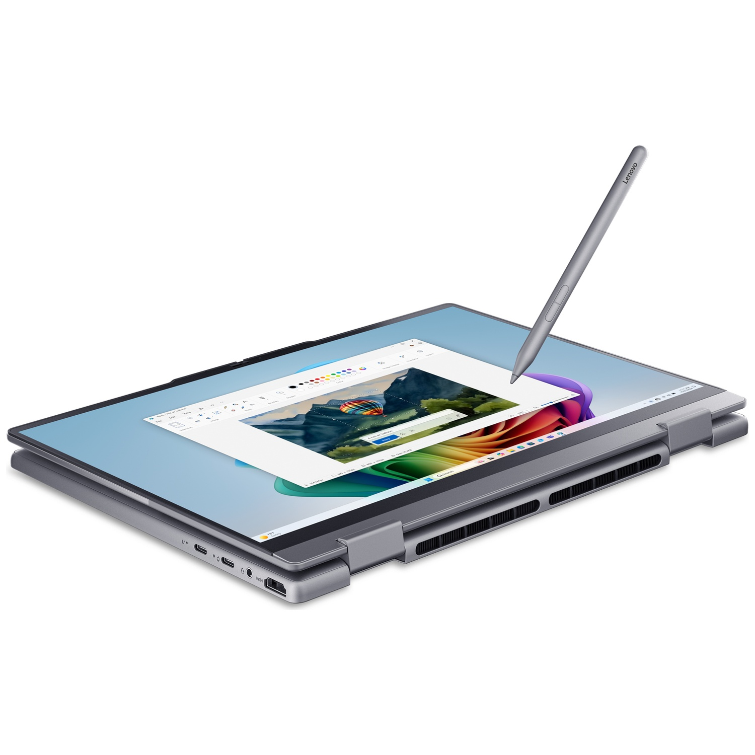 Een grijze Lenovo-laptop in tentmodus met een actieve styluspen die het touchscreen aanraakt.