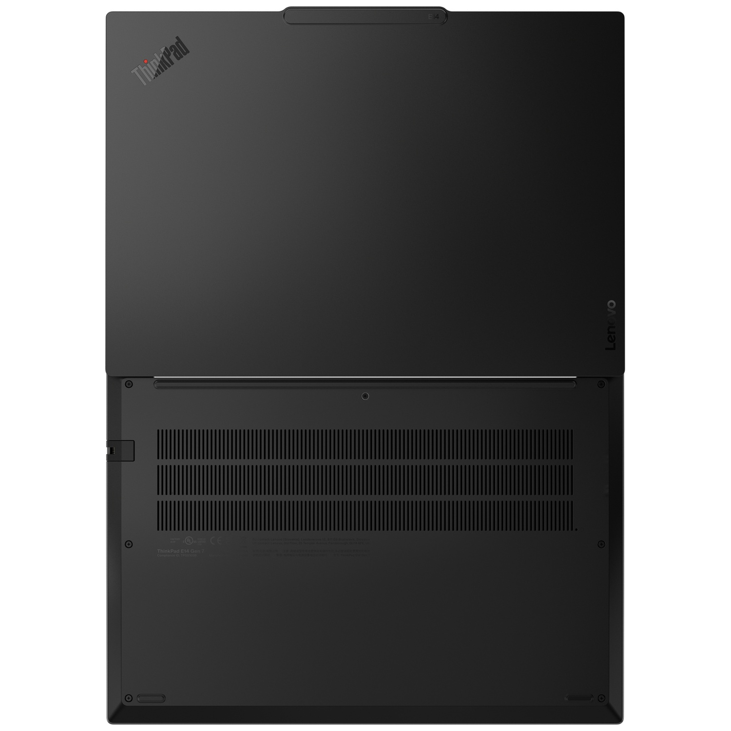 Boven- en onderkant van een gesloten zwarte Lenovo ThinkPad laptop op een lichte achtergrond.