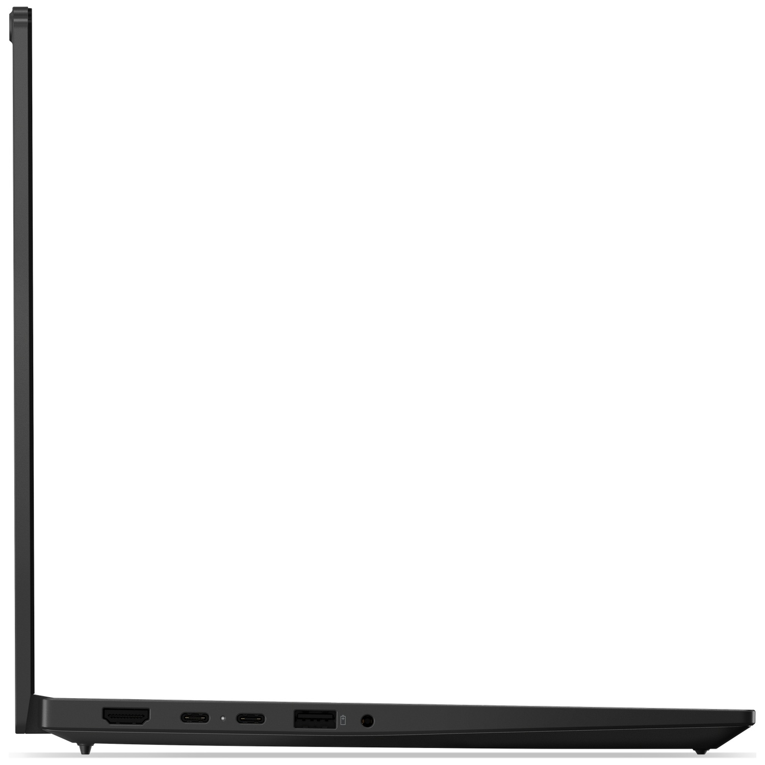 Linkerkantprofiel van een gesloten zwarte laptop met poorten.