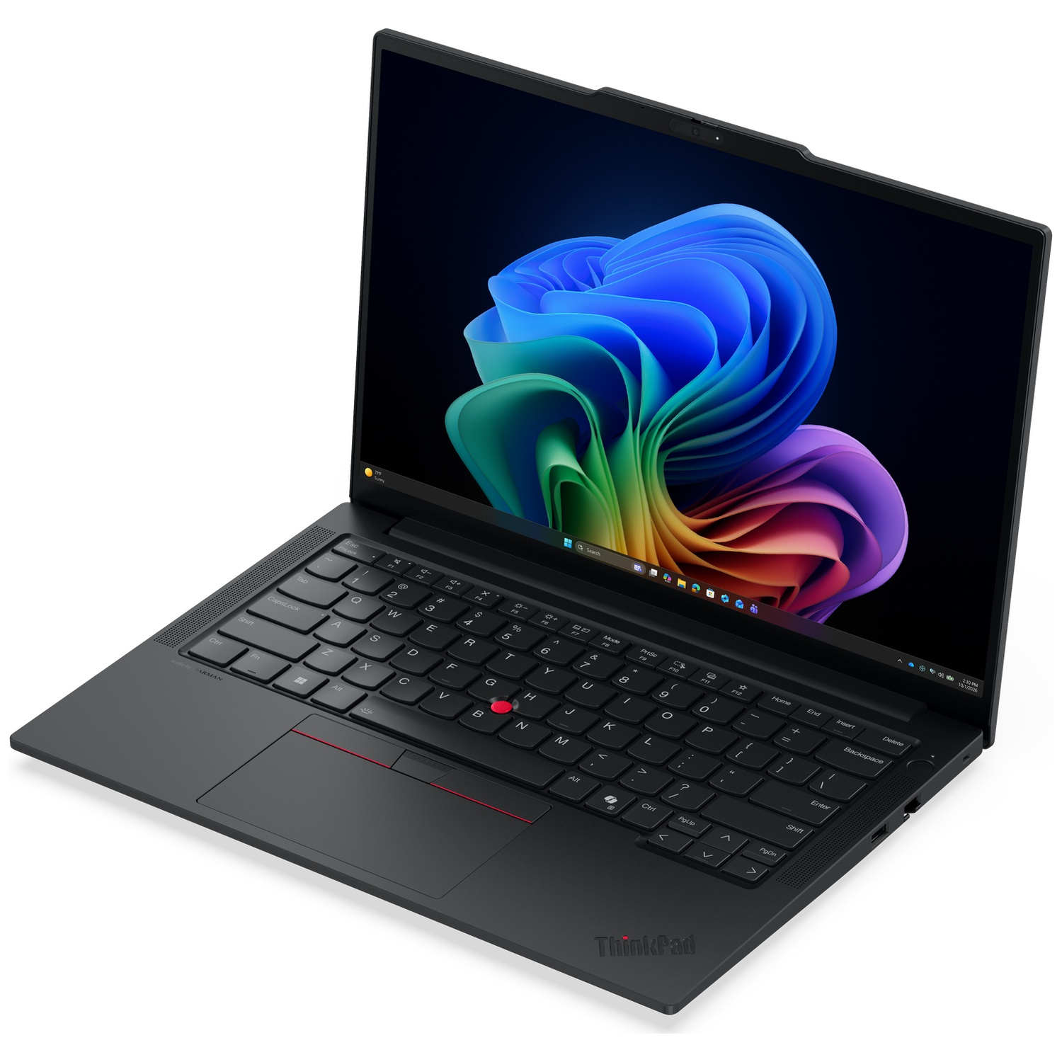 Een zwarte ThinkPad laptop met een geopend scherm en een kleurrijke achtergrond.
