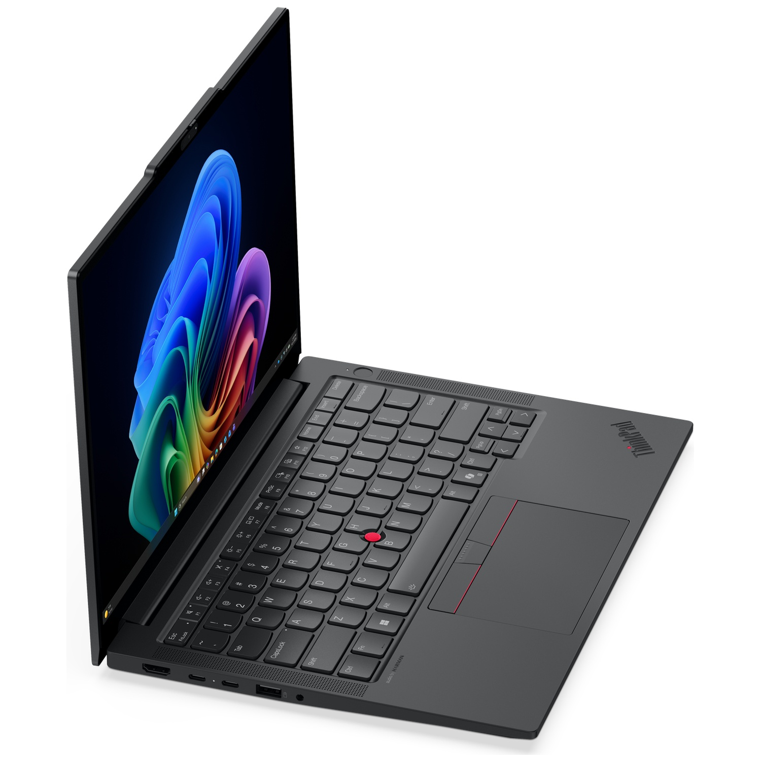 Een zwarte laptop met een kleurrijk scherm en verlicht toetsenbord.
