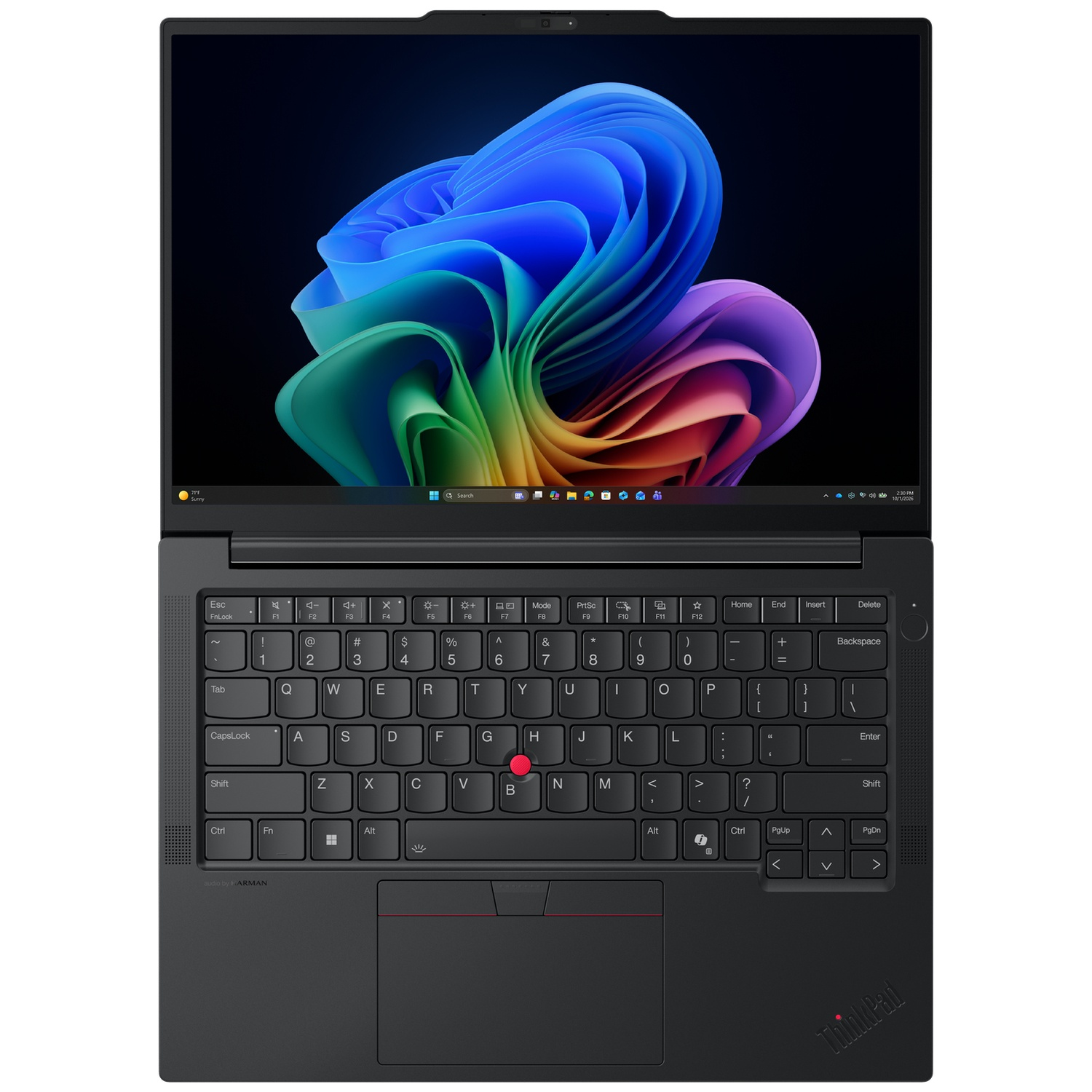 Bovenaanzicht van een zwarte laptop met een kleurrijk scherm en rode TrackPoint.