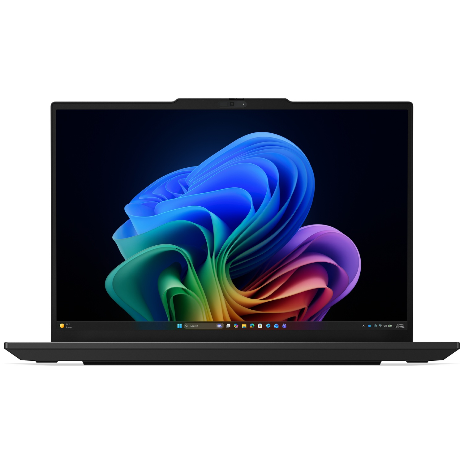 Een zwarte laptop toont een kleurrijke, golvende Windows 11-achtergrond op het scherm.