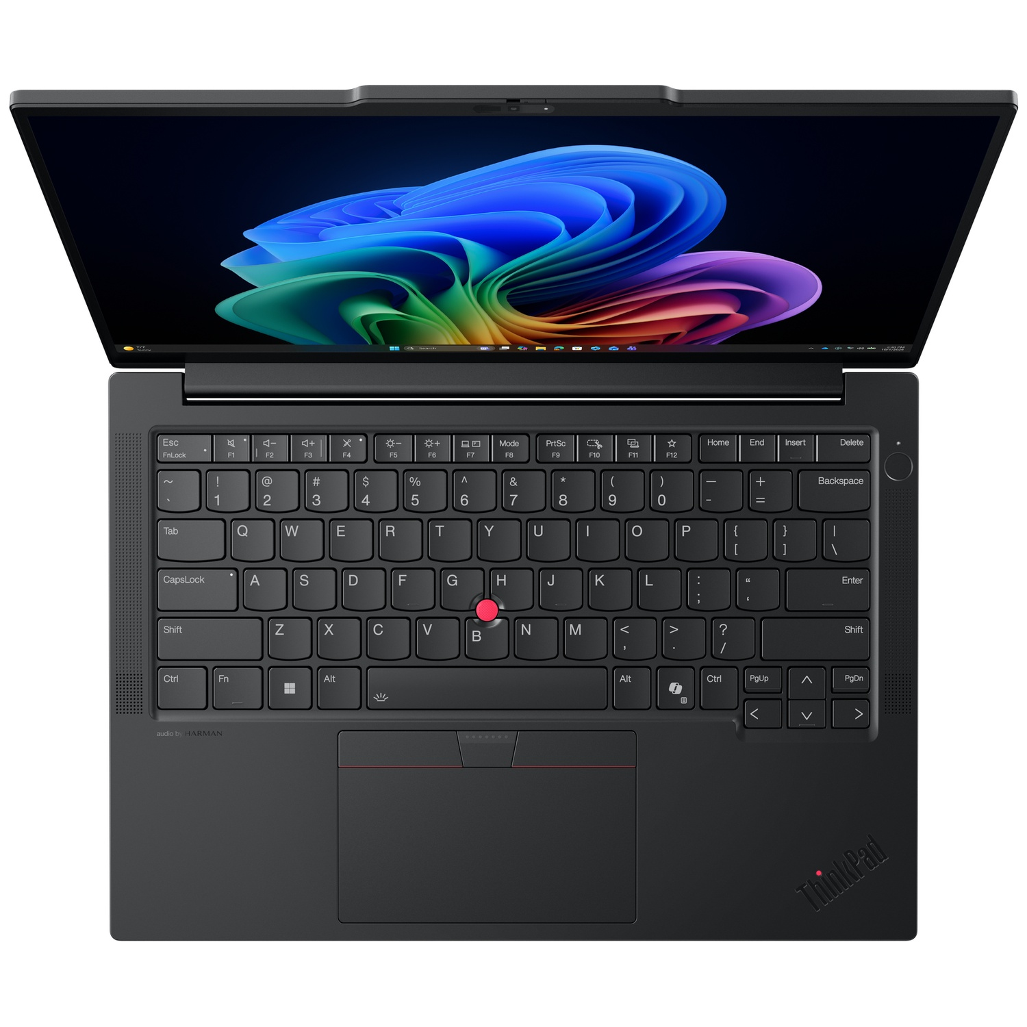 Een zwarte laptop met een rode trackpoint op het toetsenbord en een kleurrijke abstracte achtergrond op het scherm.
