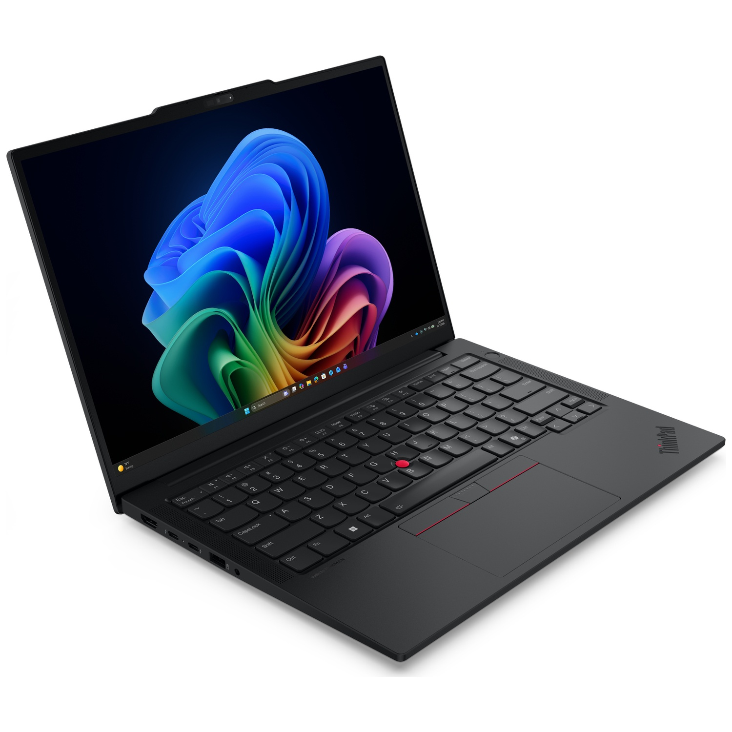 Zwarte ThinkPad-laptop met een kleurrijke abstracte achtergrond op een witte achtergrond.