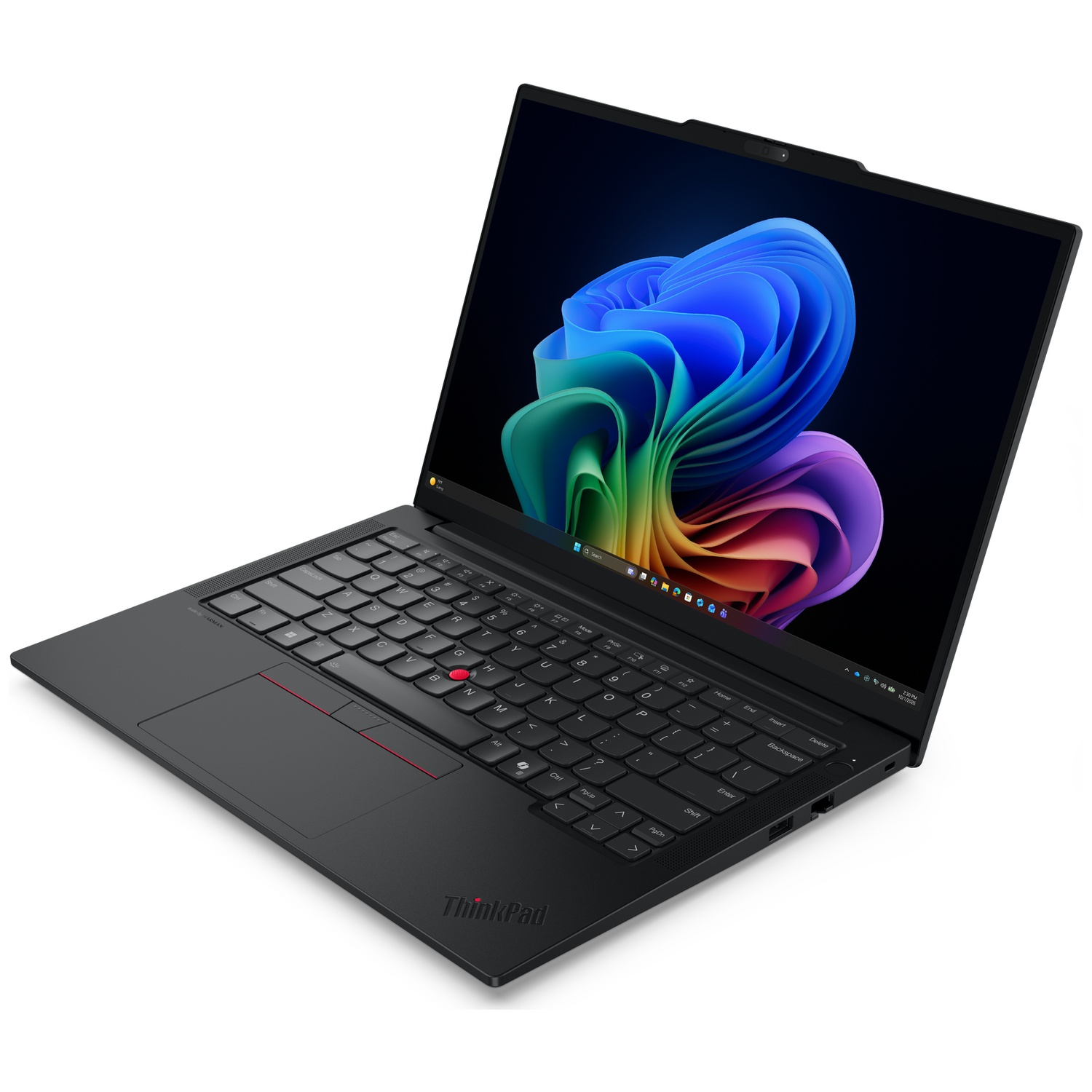 Een zwarte ThinkPad laptop met een kleurrijke, abstracte Windows-achtergrond op het scherm.