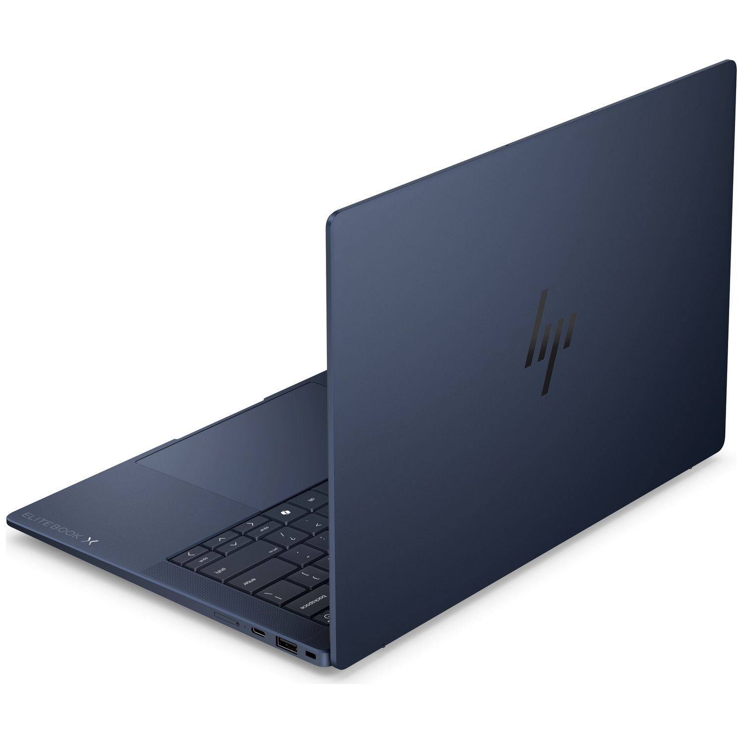 Donkerblauwe HP EliteBook laptop van achteren bekeken in hoek, met toetsenbord en HP-logo.